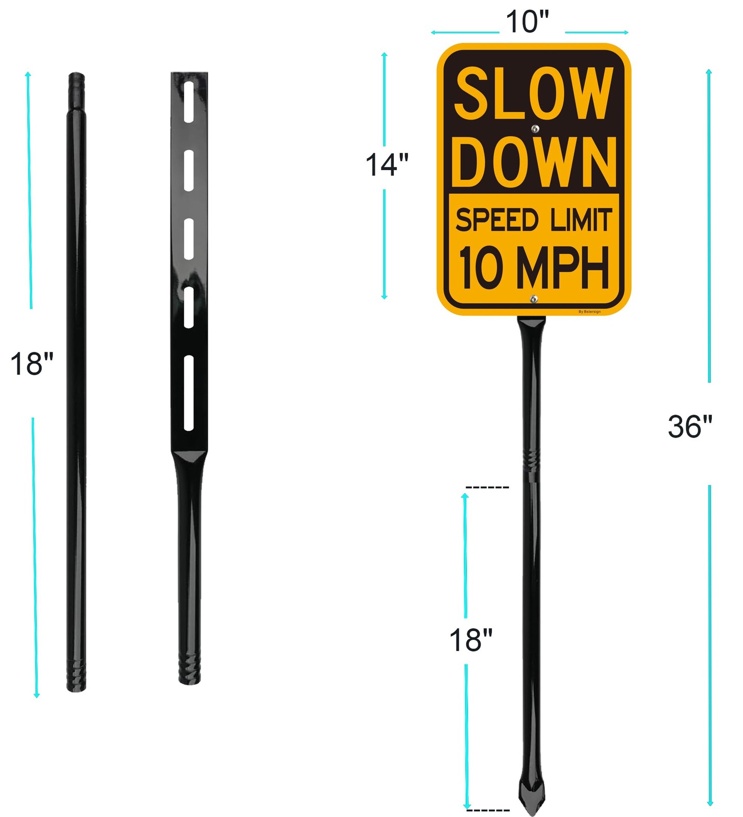 Slow Down Speed Limit 10MPH Sign 36 Inch Metal Stake Reflective 14×10 Inch 2 PCS