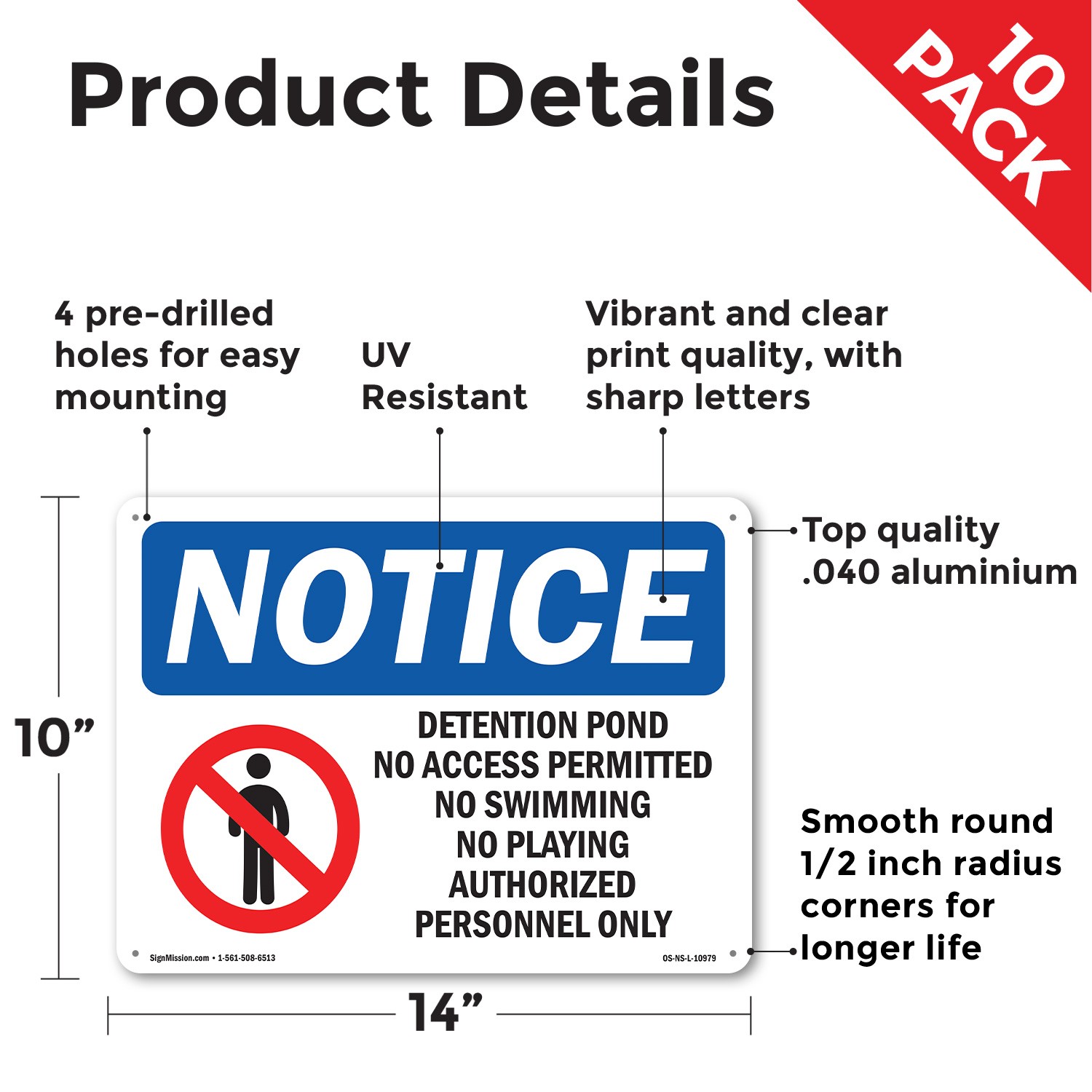 Detention Pond No Access Permitted OSHA Notice Sign Metal, Decal – 5 or 10 Pack