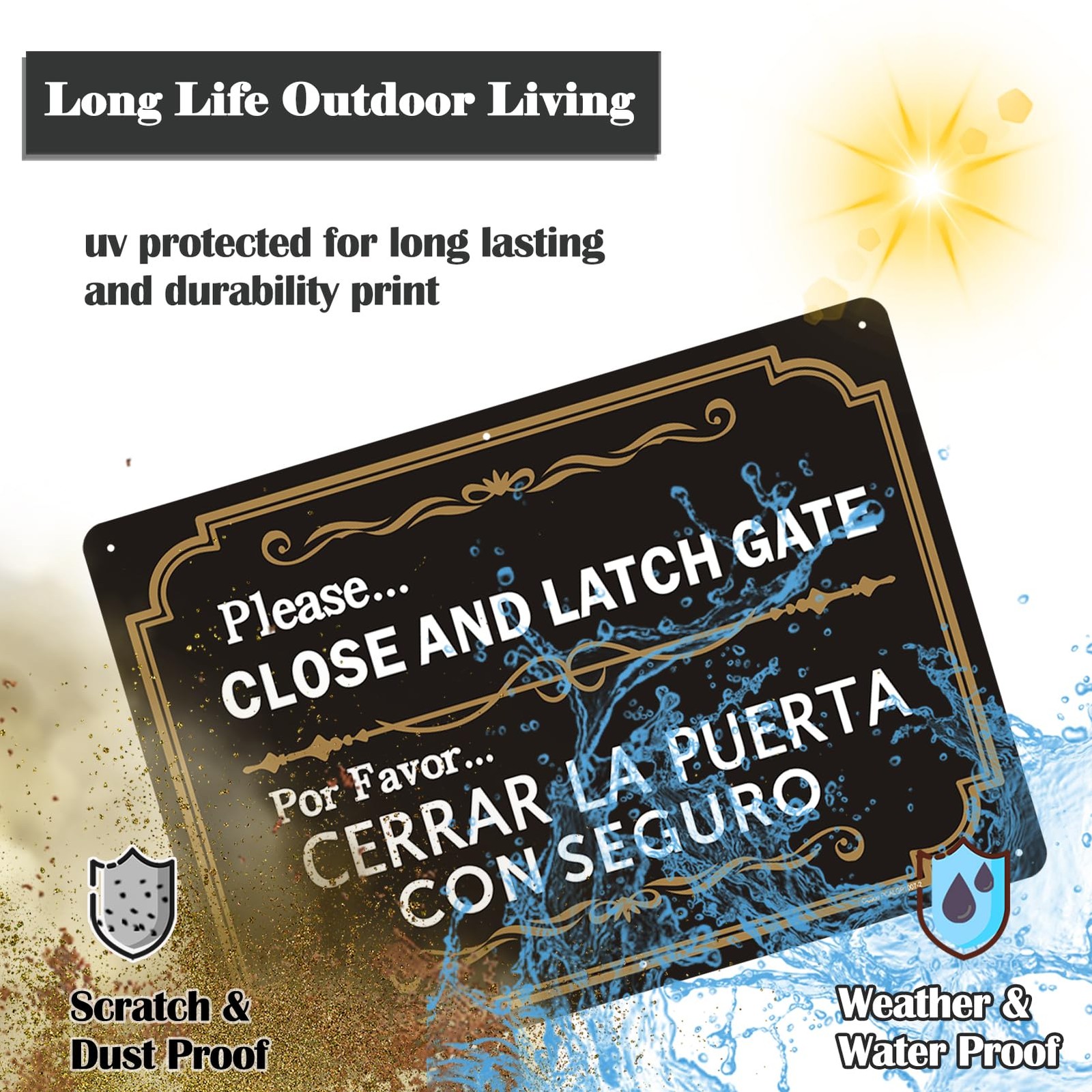 2 PCS Please Close Latch Gate Sign Bilingual Spanish Aluminum 10×7 Inch Safe