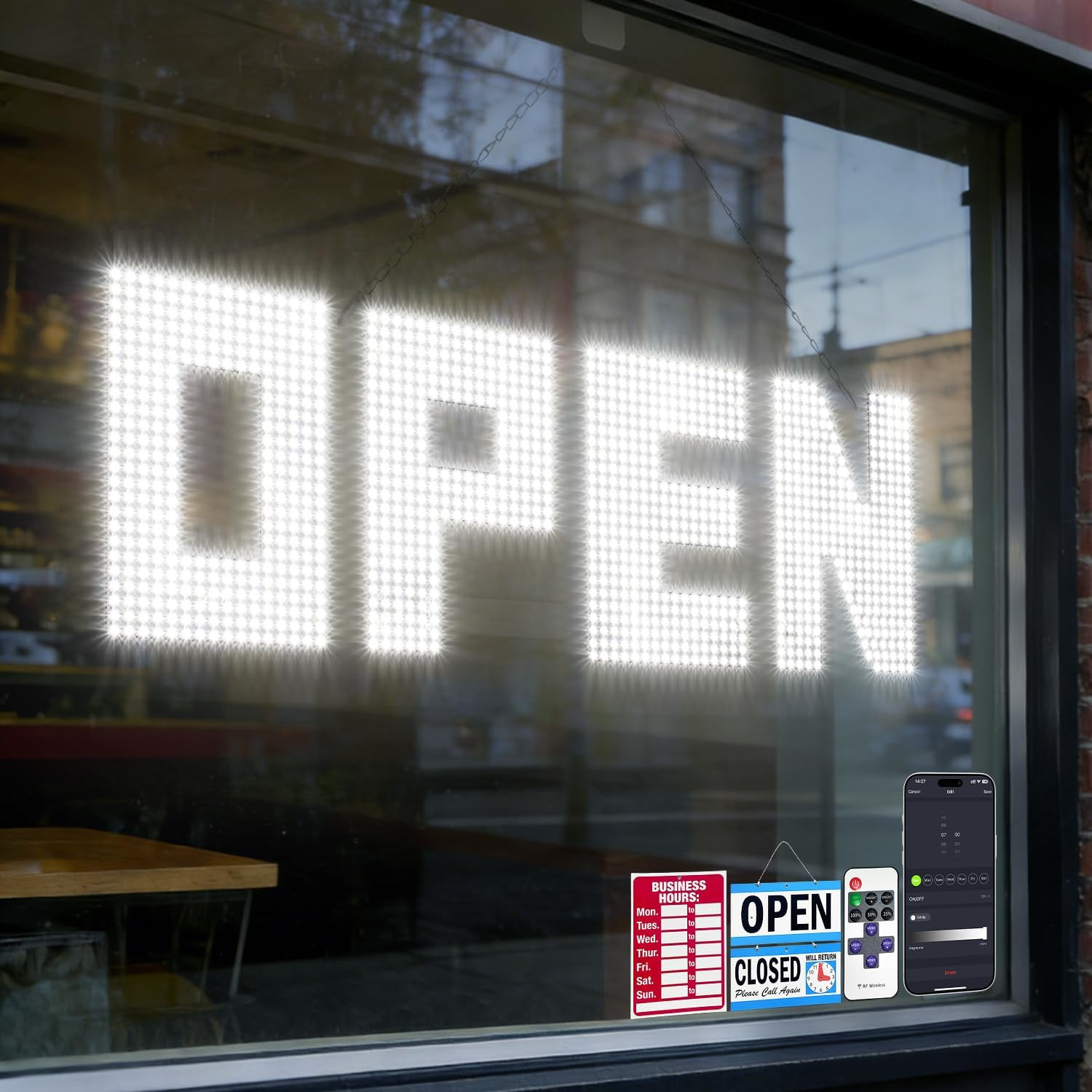 Large 43&Prime;x14&Prime; Dimmable LED Open Sign for Retail Shops & Cafes