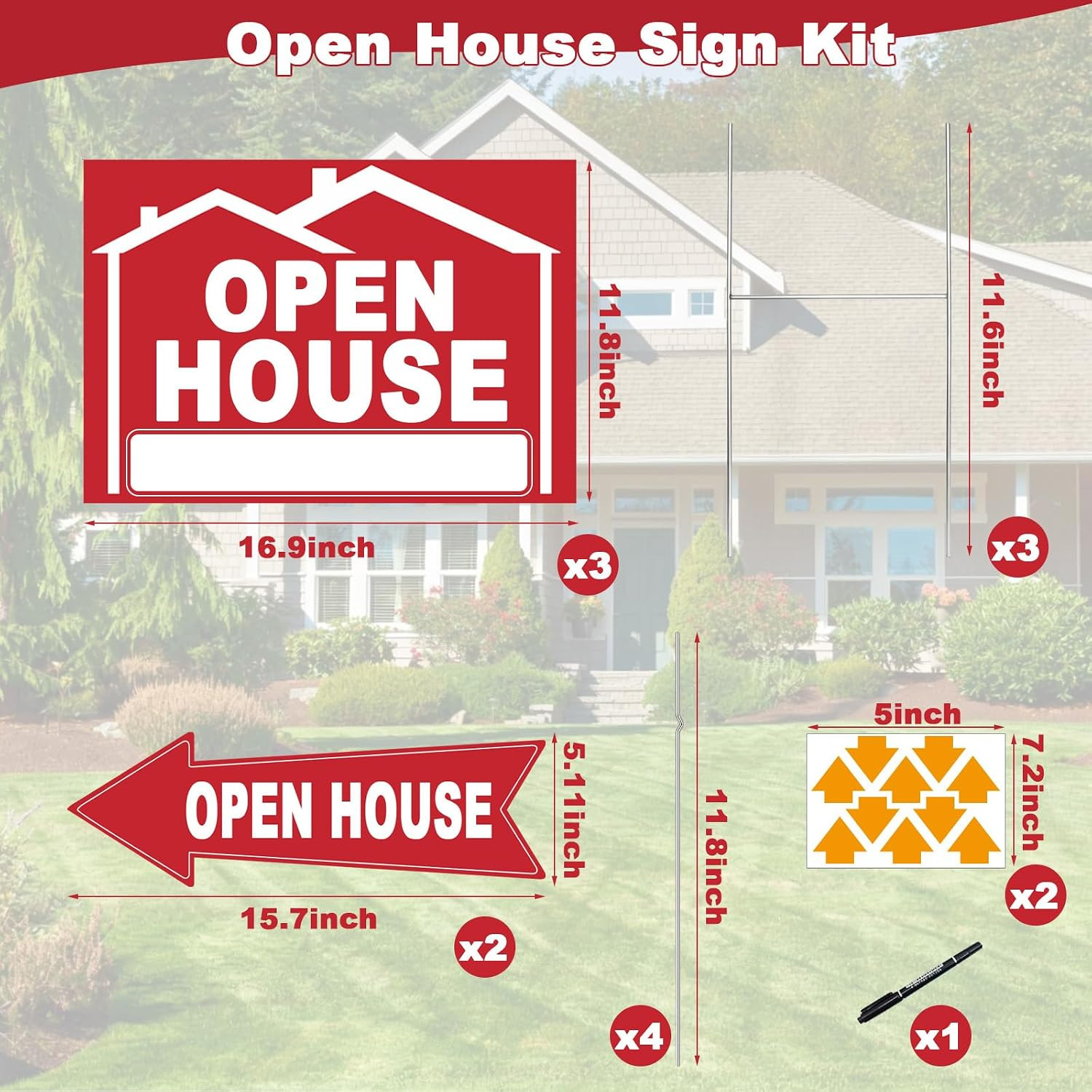 5 Pack Open House Signs for Real Estate 3 Pcs 17&Prime;X12&Prime; Large Double Sided Yard Si