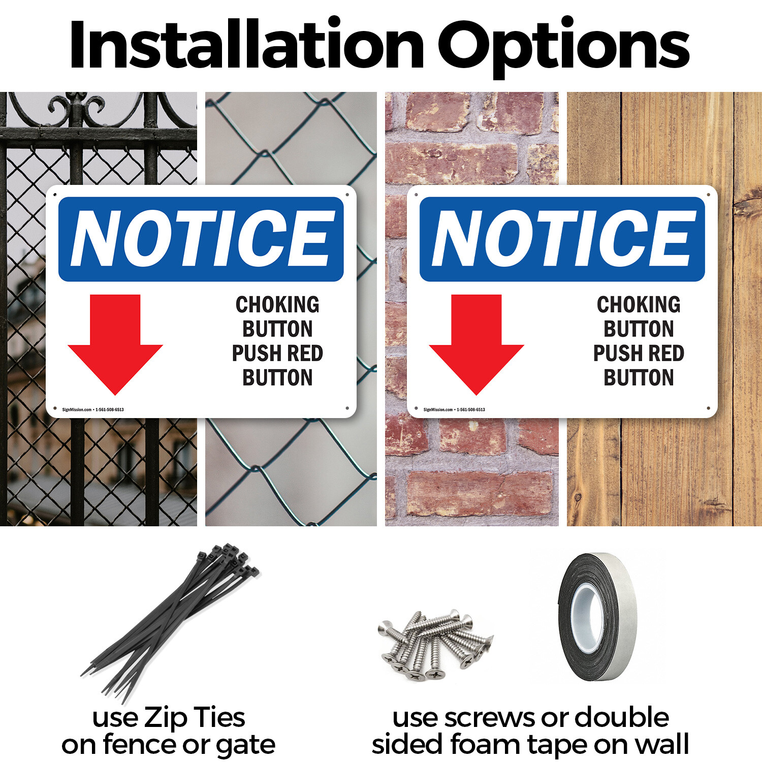 (2 Pack) Choking Button Push Red Button OSHA Notice Sign Decal Metal Plastic