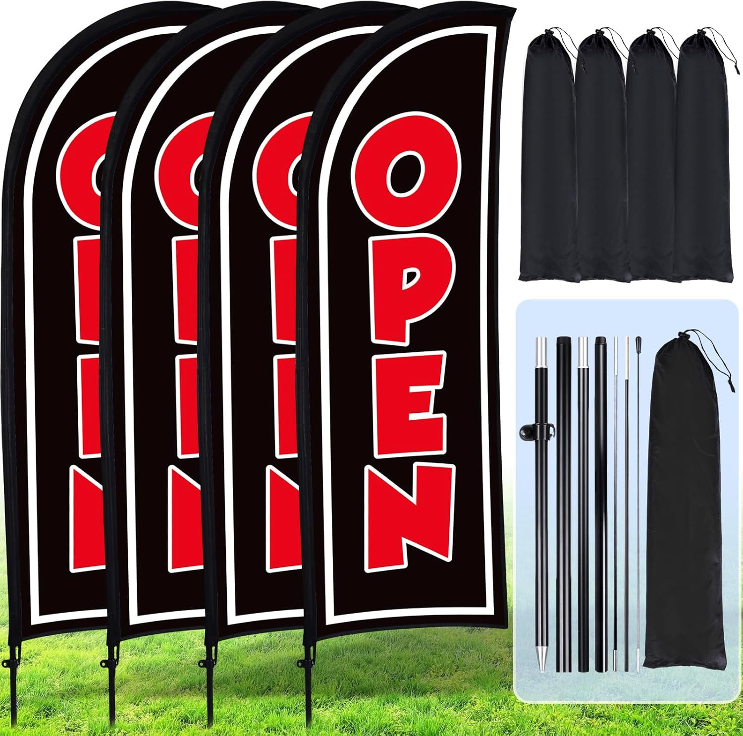 4 Open Feather Flag Pole Kits for Business Advertising – 8 Ft Black Banners