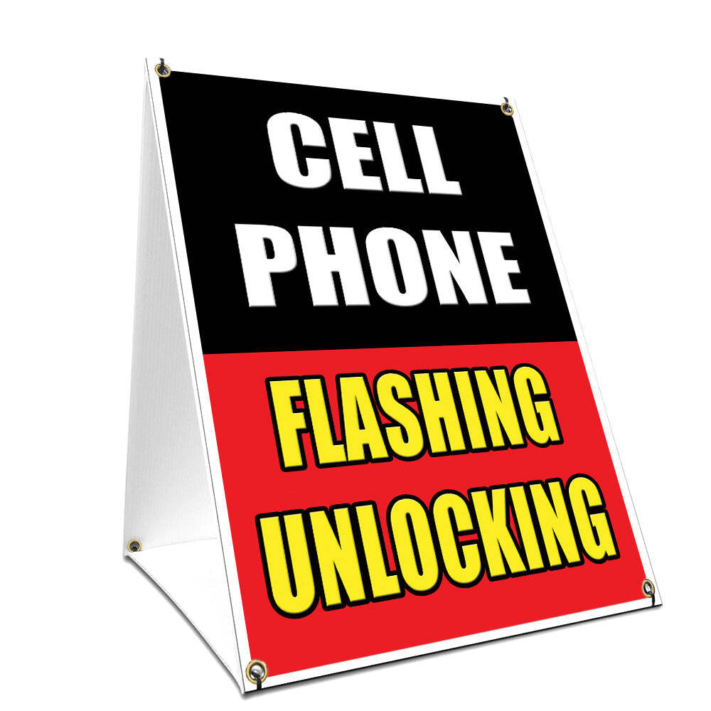 A-frame Sidewalk Cell Phone Flashing Unlocking Sign With Graphics On Each Side