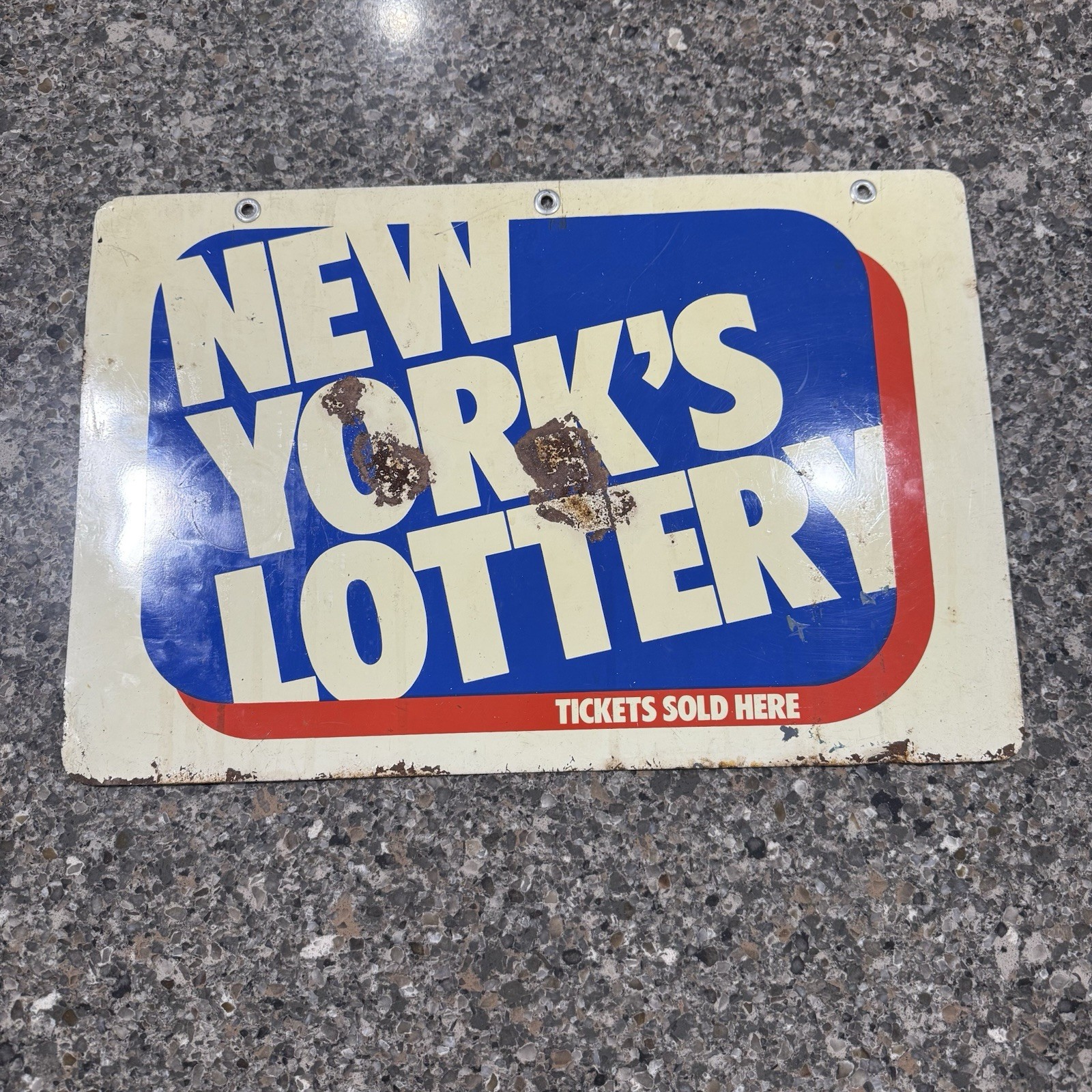 Vintage Original New York State Lottery Sign Double Sided Sign 24×18. man cave