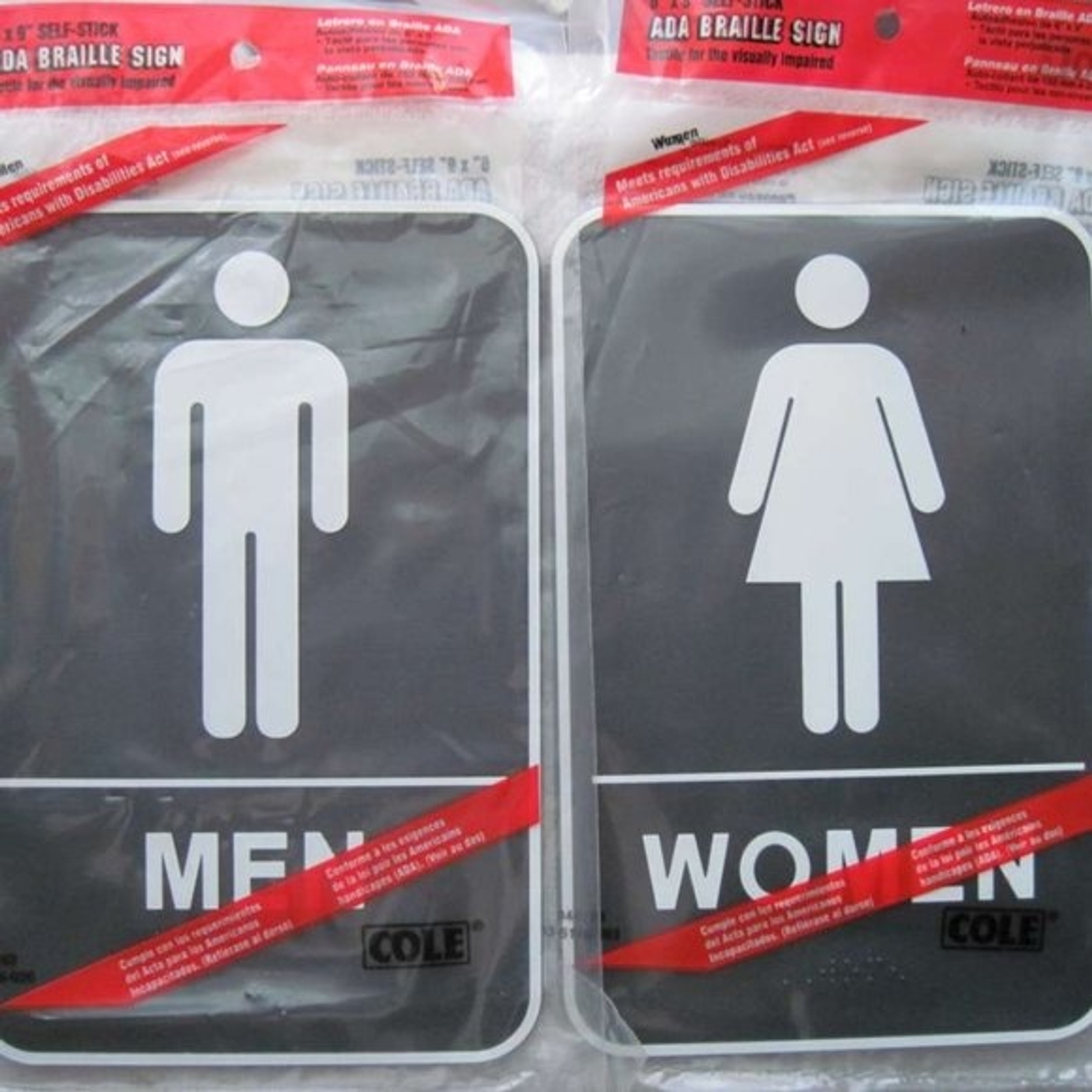 MEN & WOMEN SET 6 x 9&Prime; ADA Braille Restroom Sign Self Stick Tactile Hillman Cole