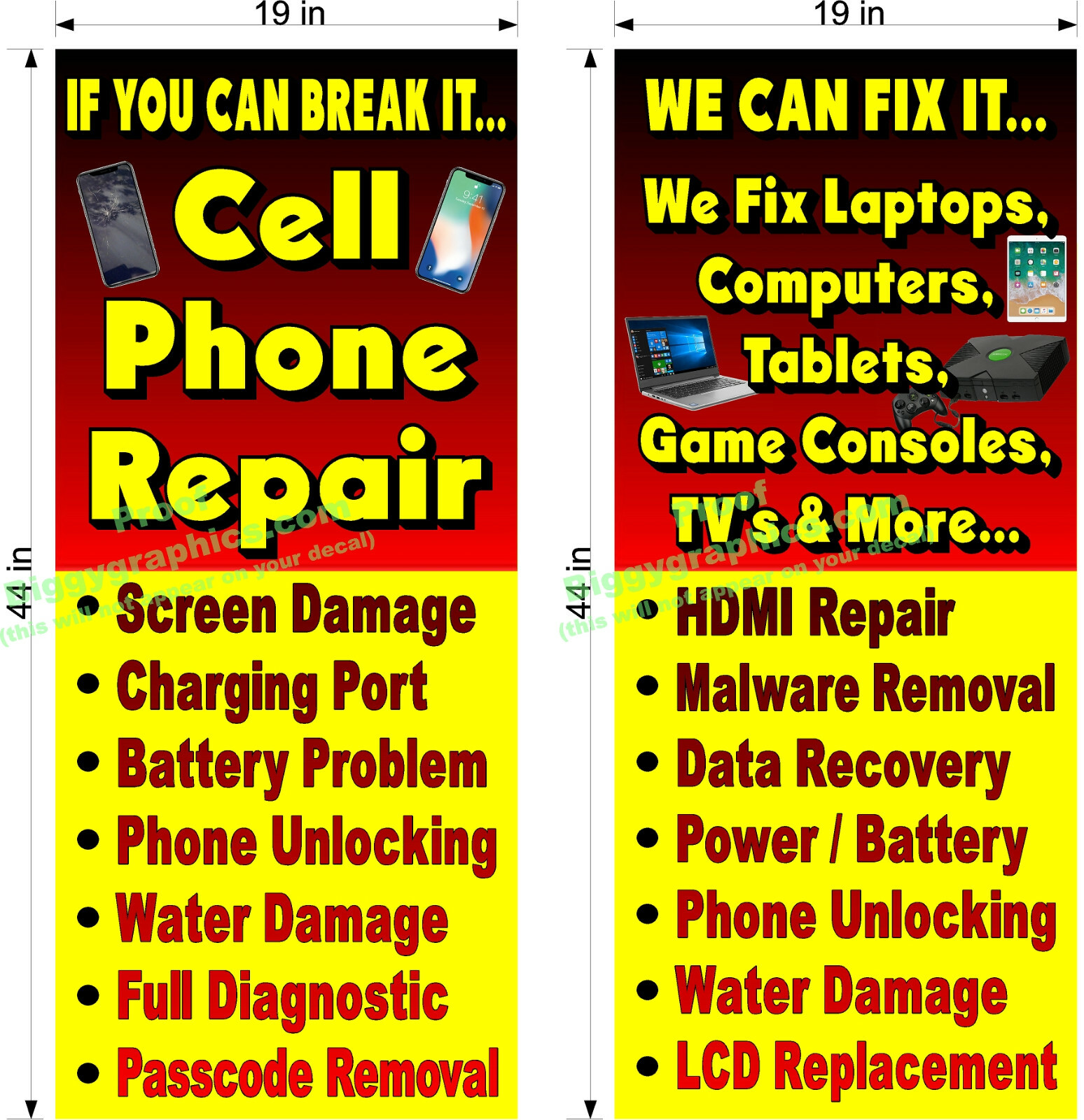 NEW! PERFORATED WINDOW VINYL DECALS 19&Prime; X 44&Prime; PAIR CELL PHONE LAPTOP REPAIRS