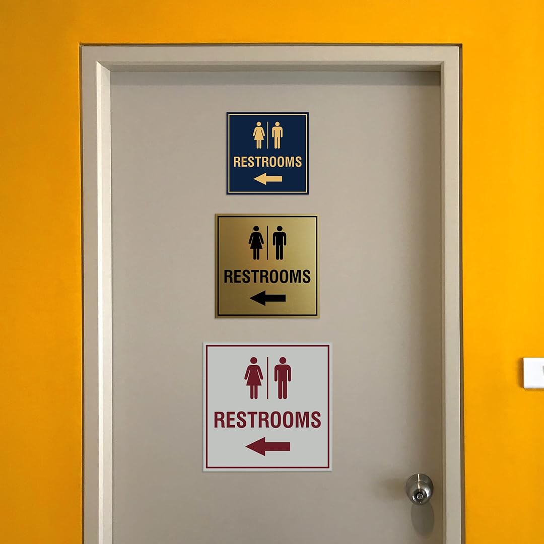 Black Square Restrooms Left Arrow Sign with Adhesive Tape Large 1 Pack