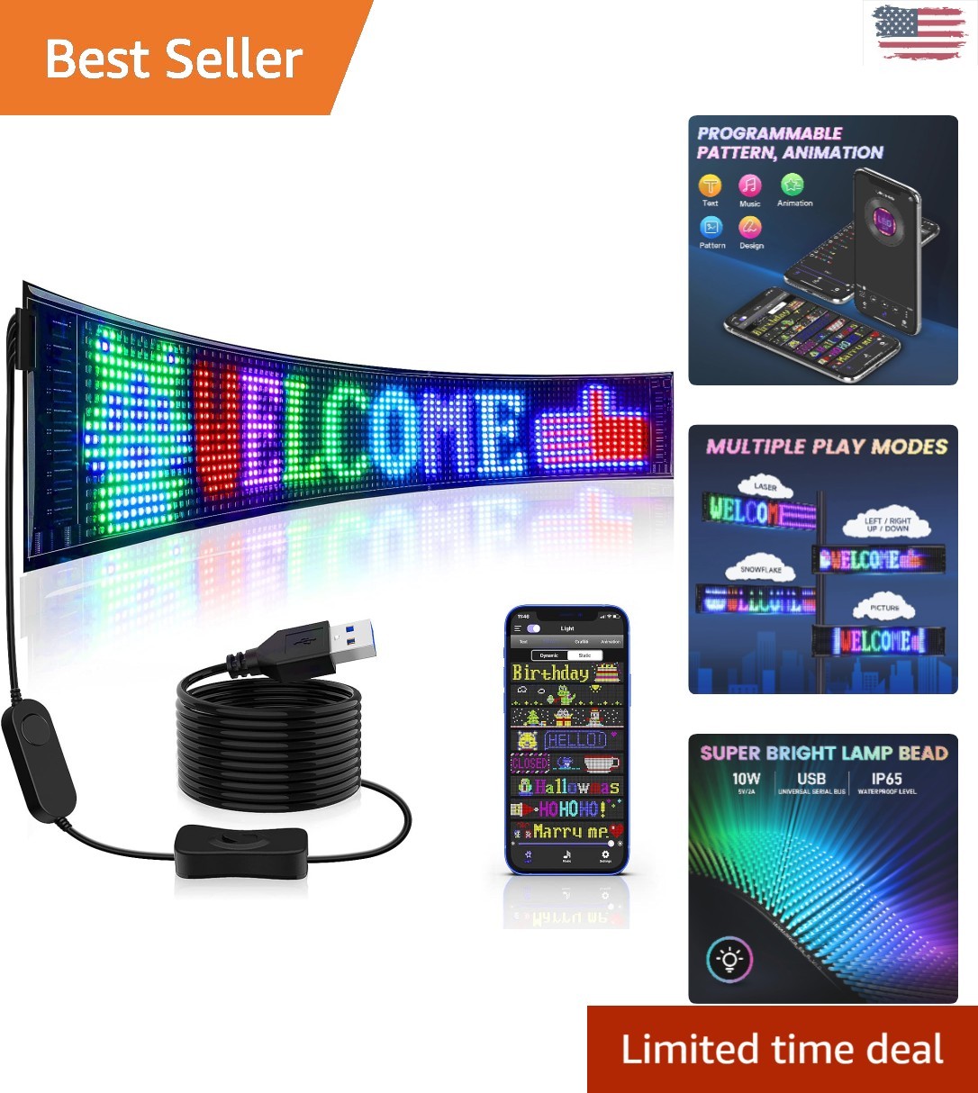 Versatile 27 » x 5 » LED Display Sign – Bluetooth Control for Creative Marketing
