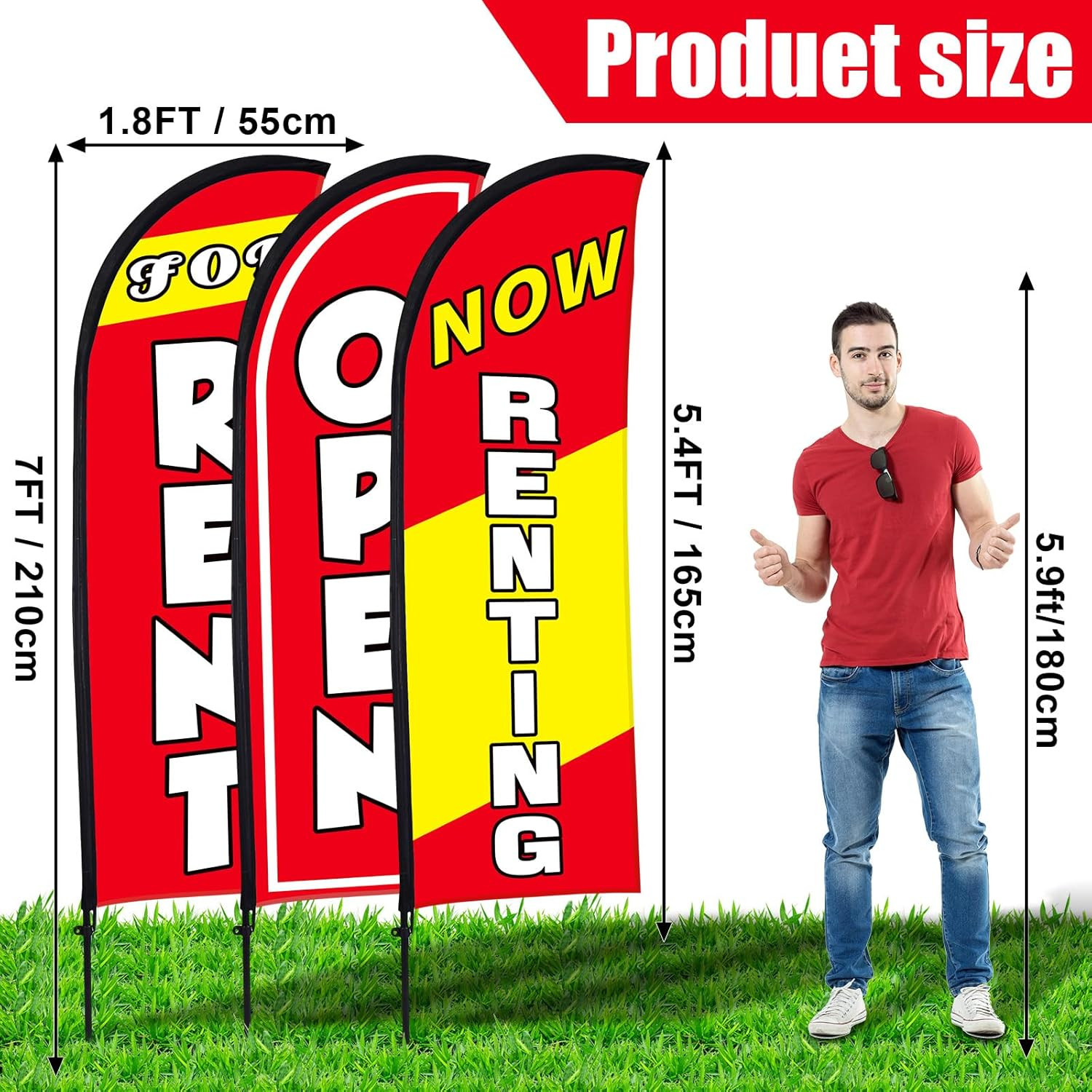7 Ft Feather Flag Kit – « Now Renting Open » with Pole & Ground Stake (Red)