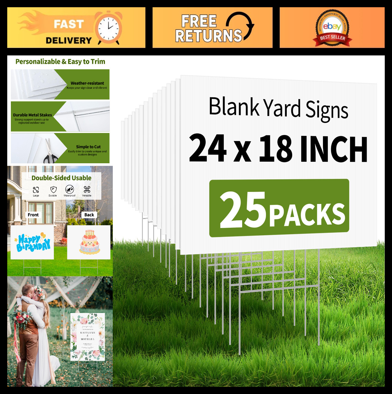 25 Pack Large Blank Yard Signs 24×18&Prime; with Metal Stakes – Waterproof Lawn Poster