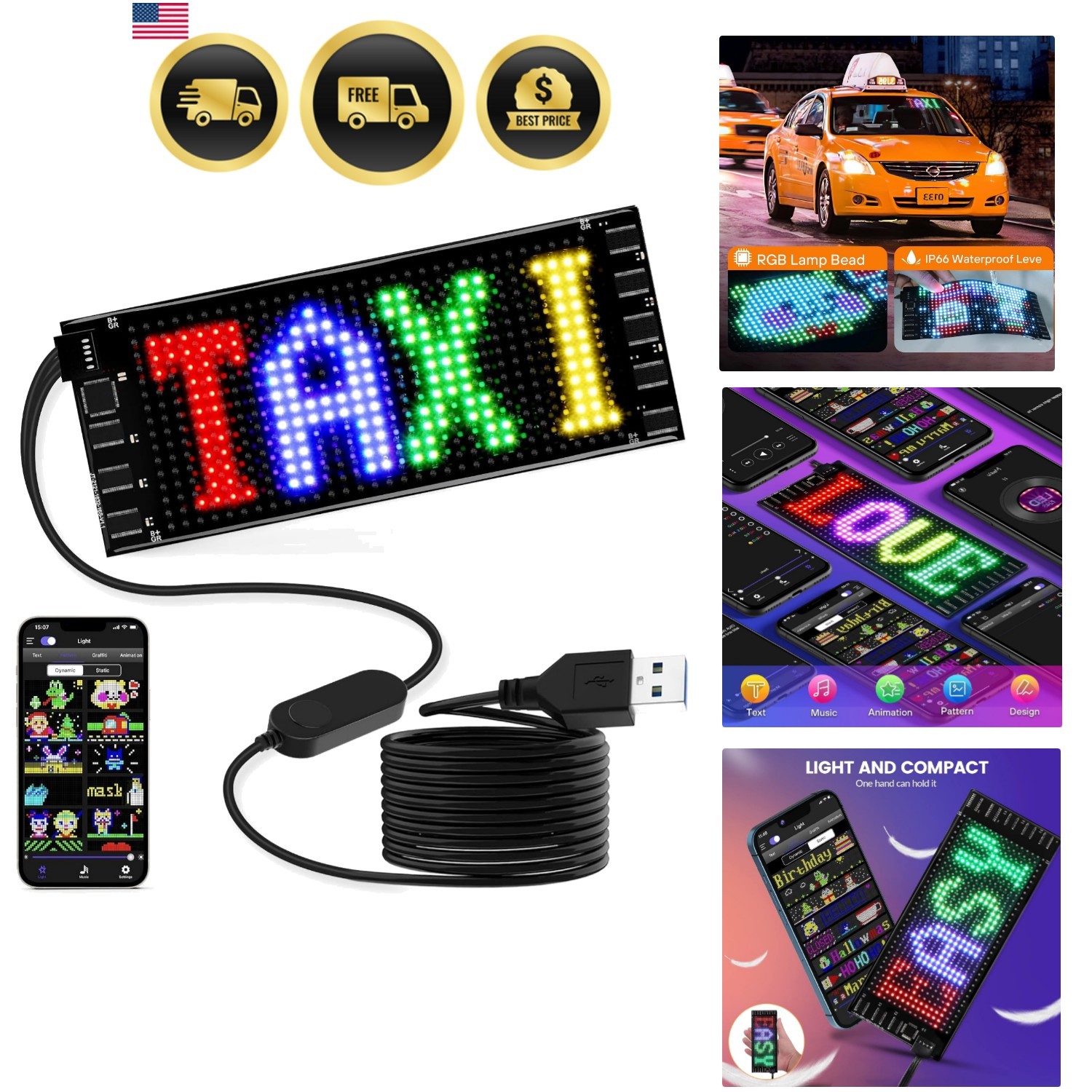 LED Sign for Car, 7 »x3 »Flexible LED Matrix Panel USB 5V Bluetooth Applicati…