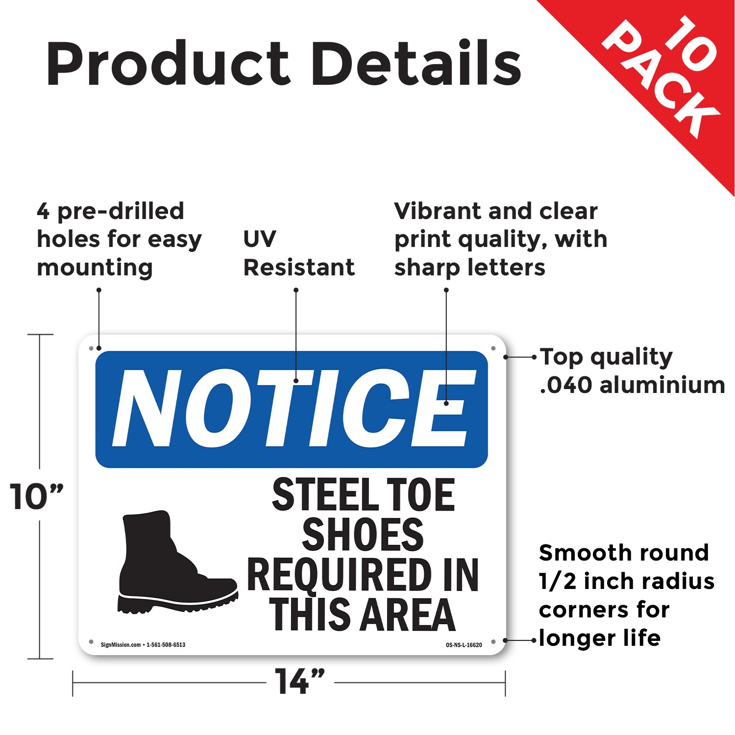 Steel Toe Shoes Required Area OSHA Notice Sign Metal Plastic, Decal 5 or 10 Pack