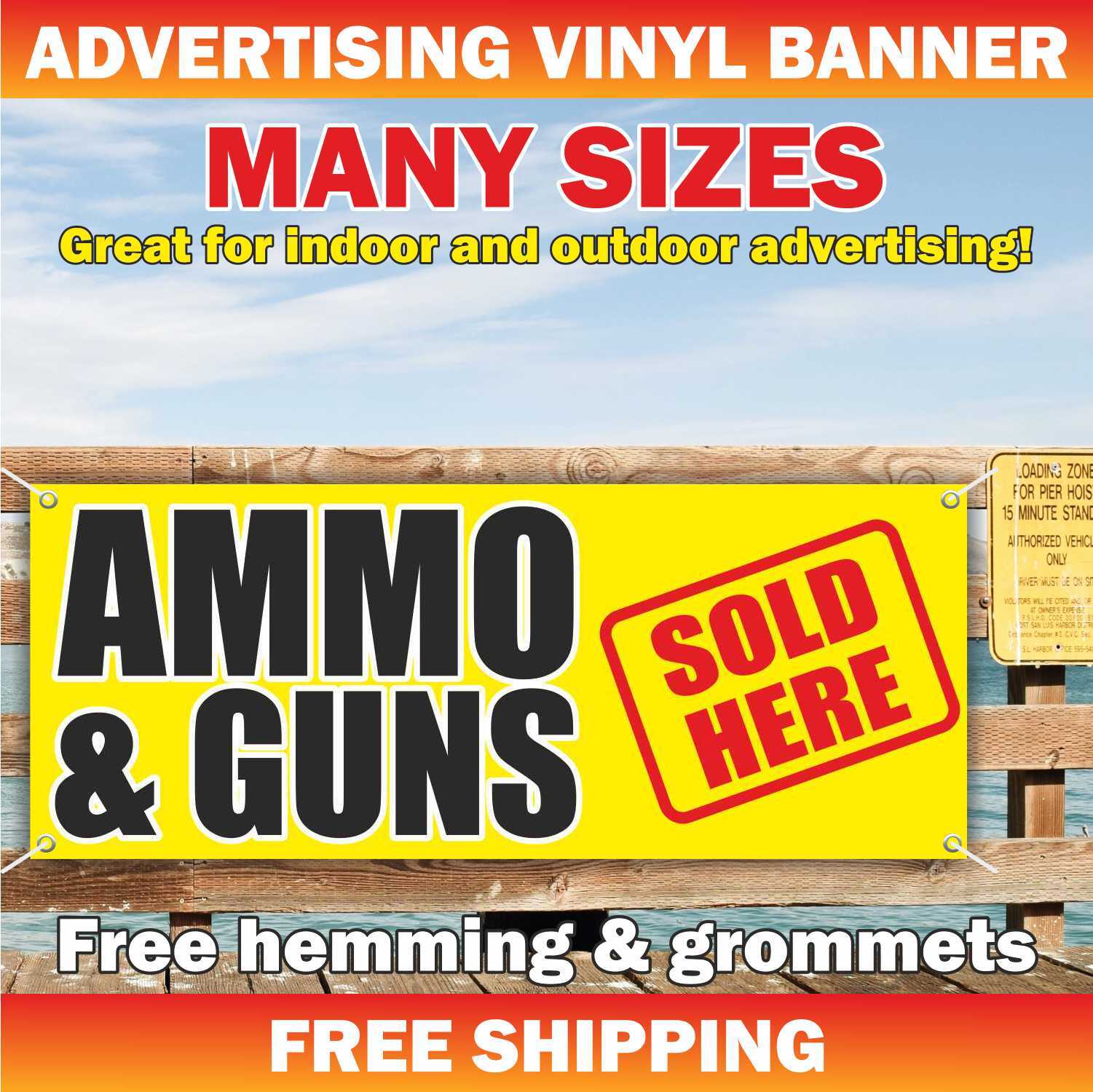 AMMO & GUNS SOLD HERE Advertising Banner Vinyl Mesh Sign Flag Many Sizes