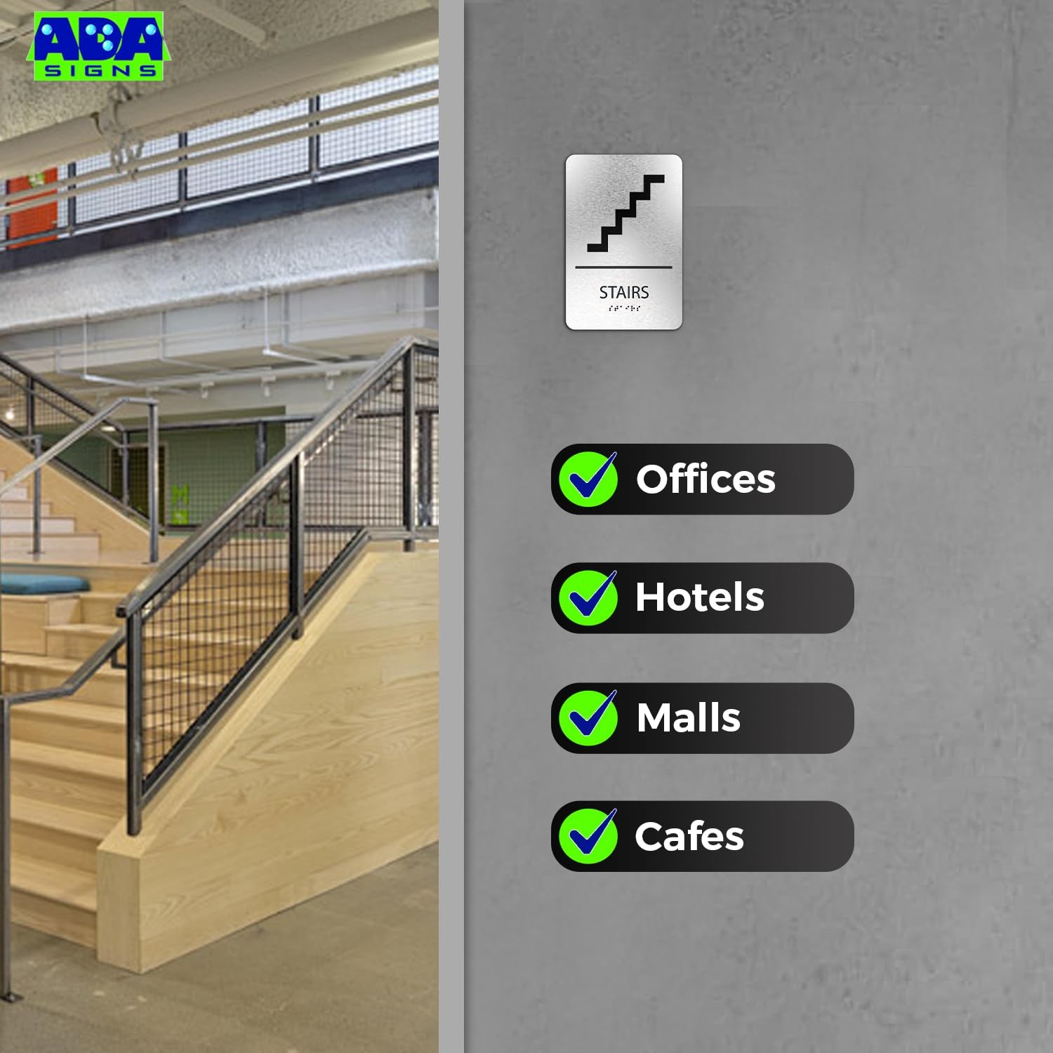 ADASigns Stairs Sign 6×9 Inch Brushed Aluminum Grade 2 Braille ADA Compliant