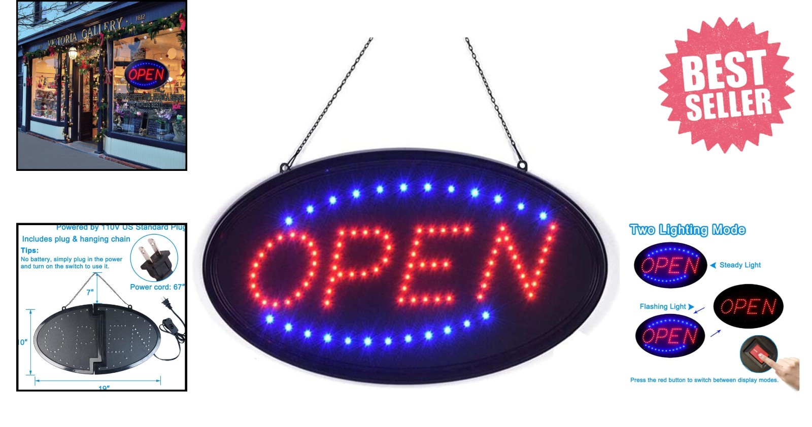 LED Advertisement Board 19&Prime;x10&Prime; – Open Sign for Bars & Shops with 2 Modes