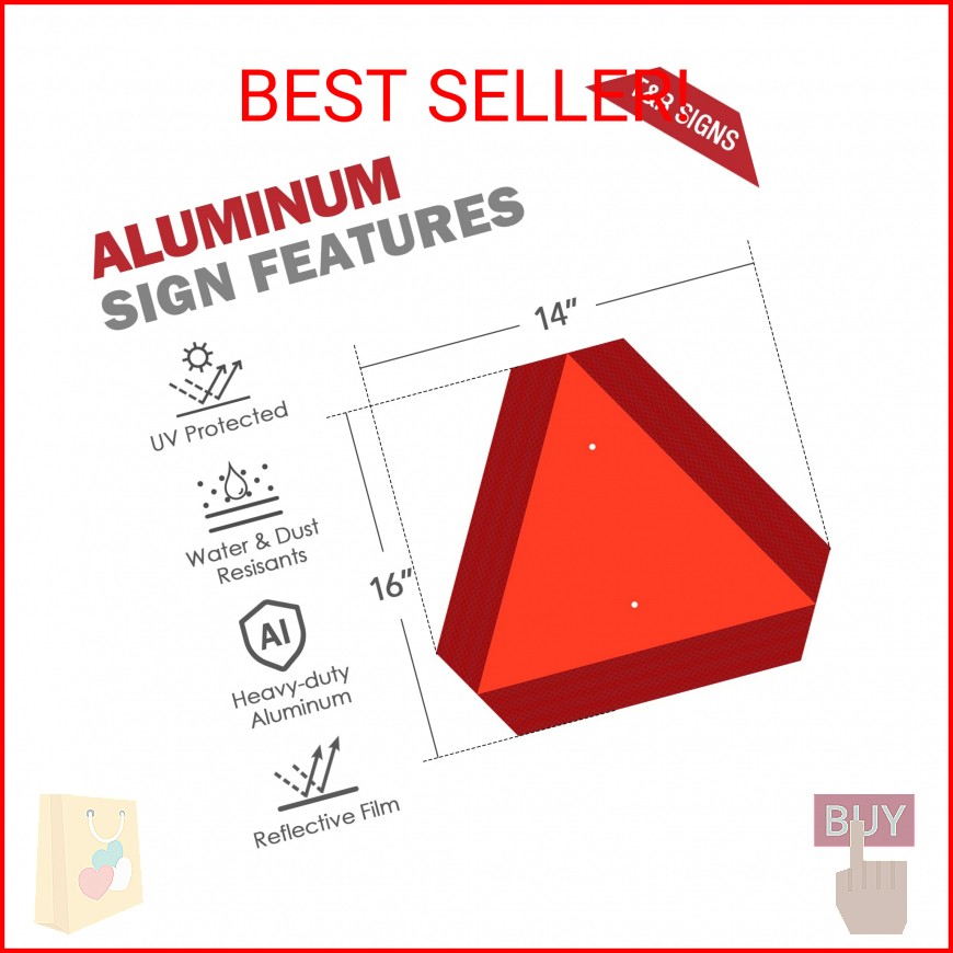 T&R Metal Slow Moving Vehicle Sign, Safety Triangle Sign – 14 x16 Inches – Refle