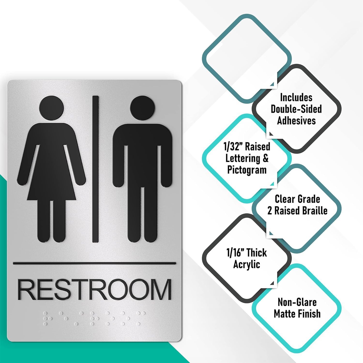 ADA Bathroom Sign For Business, 9×6 Inch Unisex Restroom Sign w/ Grade 2 Braille