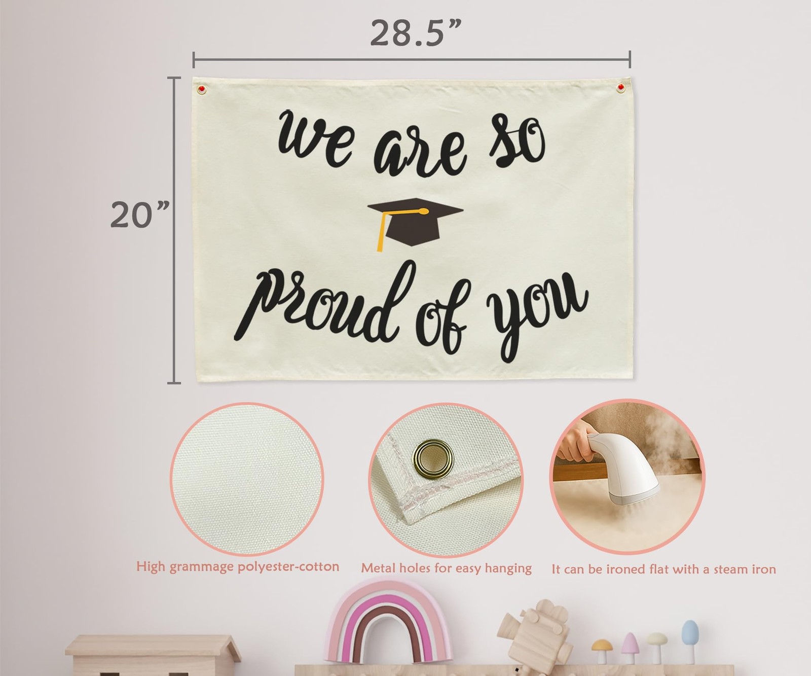 We are So Proud of You Graduation Banner, Beige Cotton Canvas Wall Hanging Re…