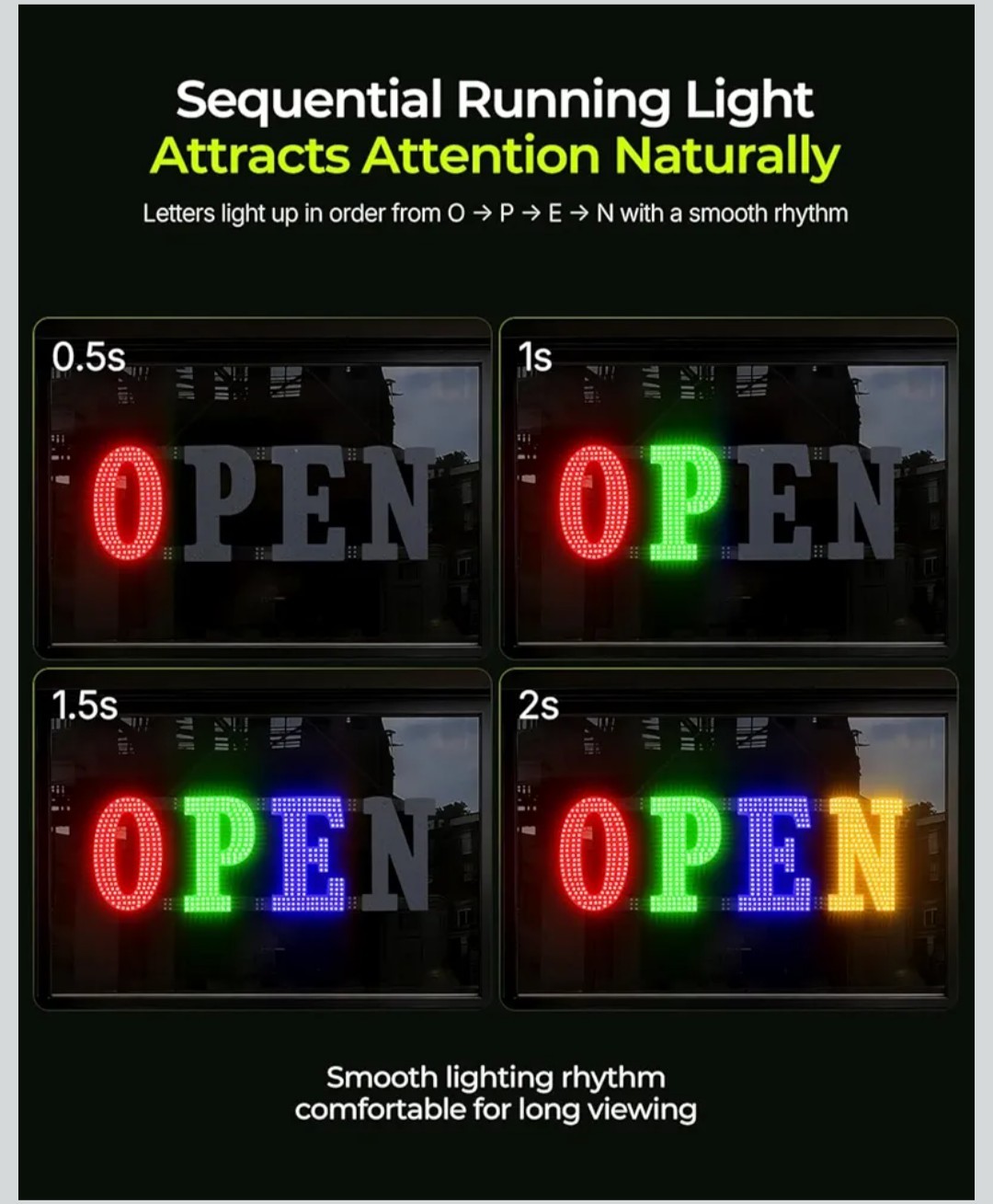 Multi-Color OPEN Sign, 40&Prime; x 14&Prime;, Adjustable Brightness & Flash Speed, Remote