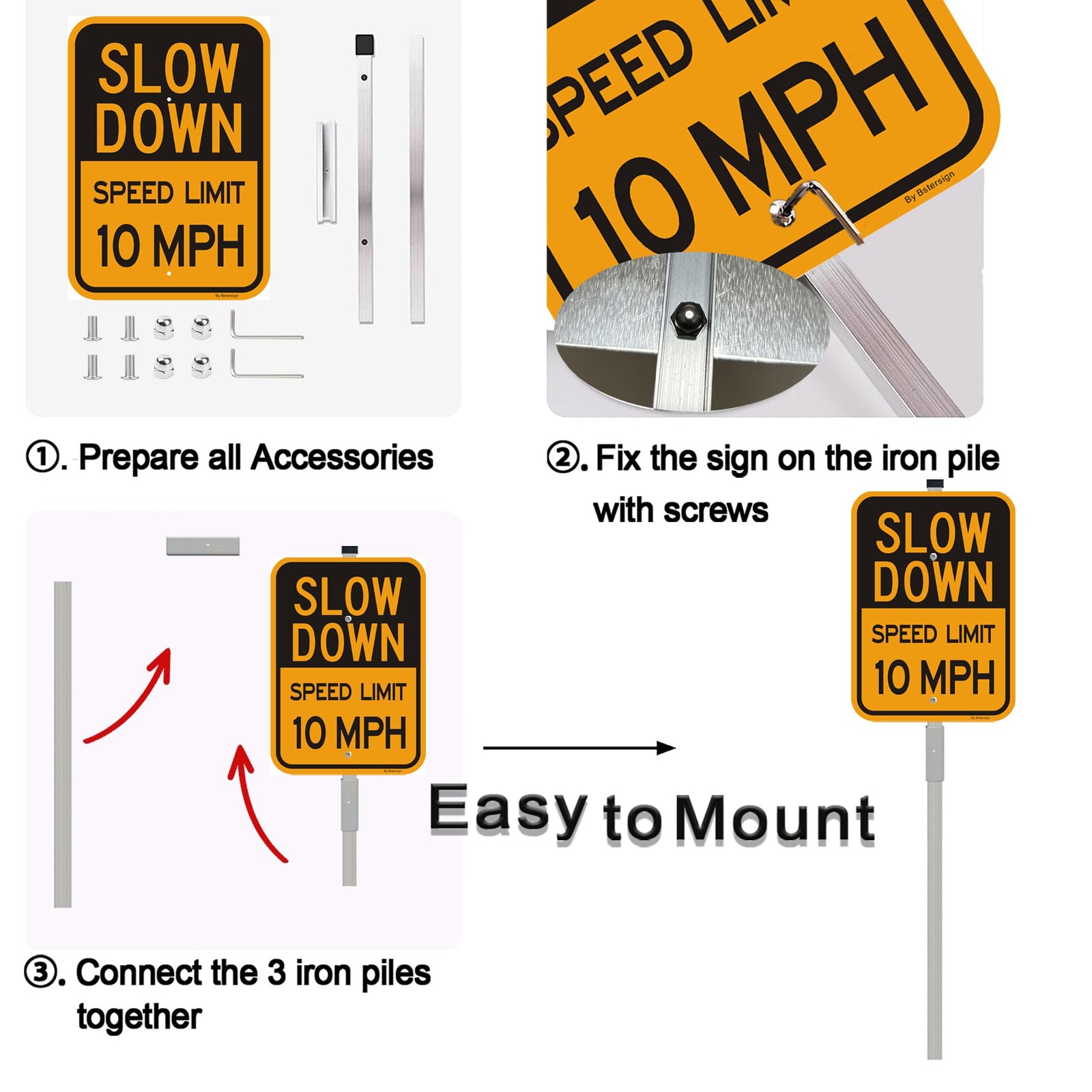 2 PCS Slow Down Speed Limit 10MPH Sign 14×10 Inch Aluminum With 36 Inch Stake