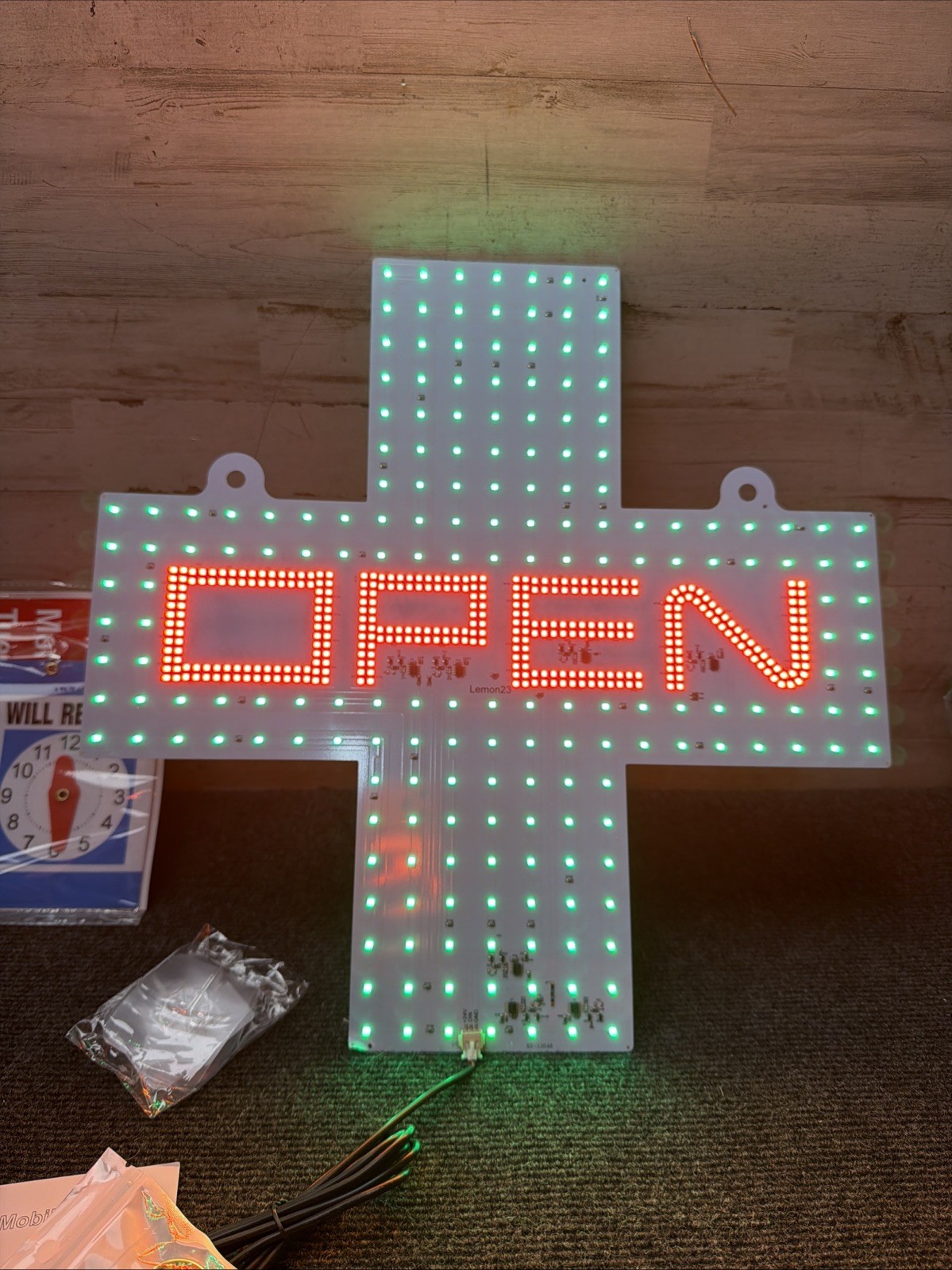 LemonNova LED Illuminated Open Sign Green Red Cross Business Storefront