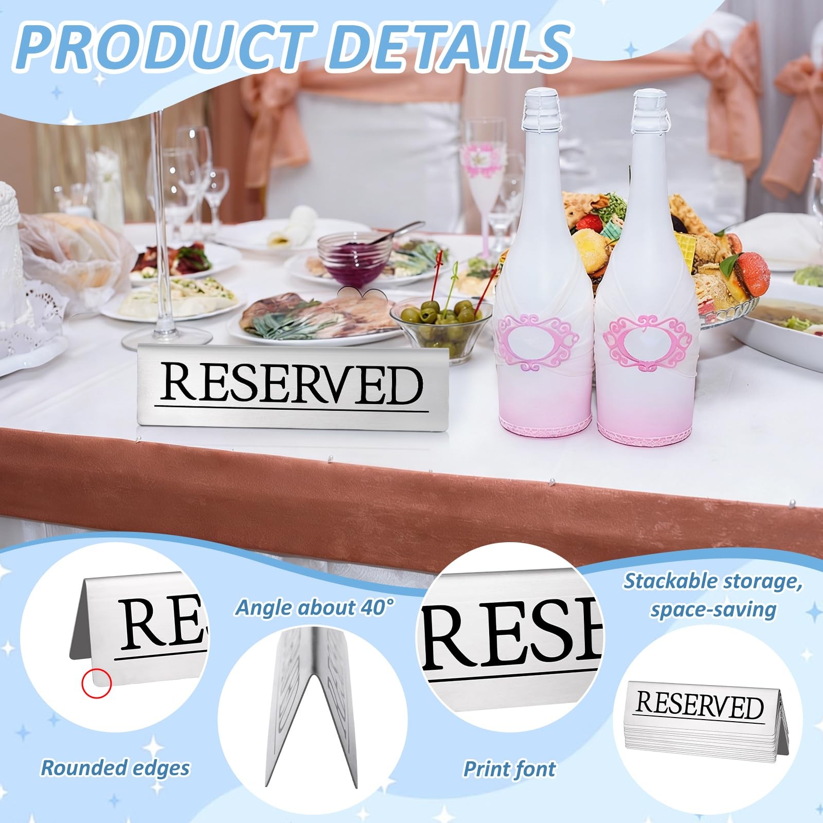 12 PCS Stainless Steel Reserved Table Signs 6×1.5 Inch Wedding Restaurant
