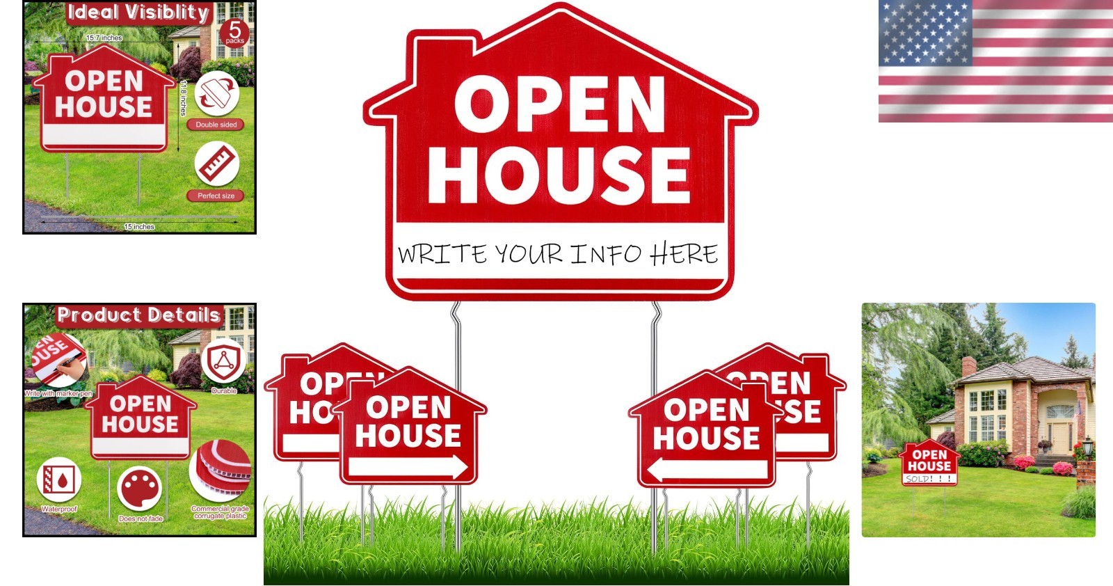 Large 5-Pack Double Sided Red Open House Signs with Metal Stakes – 16&Prime;x12&Prime;