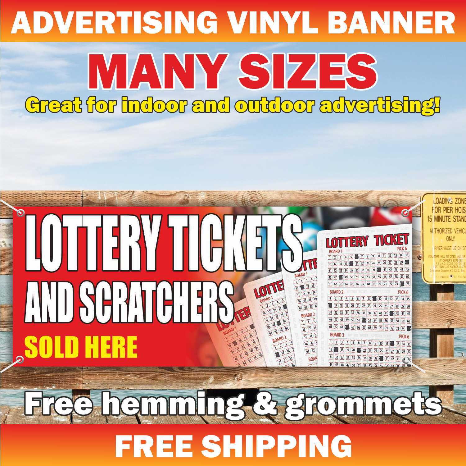 LOTTERY TICKETS AND SCRATCHERS SOLD Advertising Banner Vinyl Mesh Sign Bingo