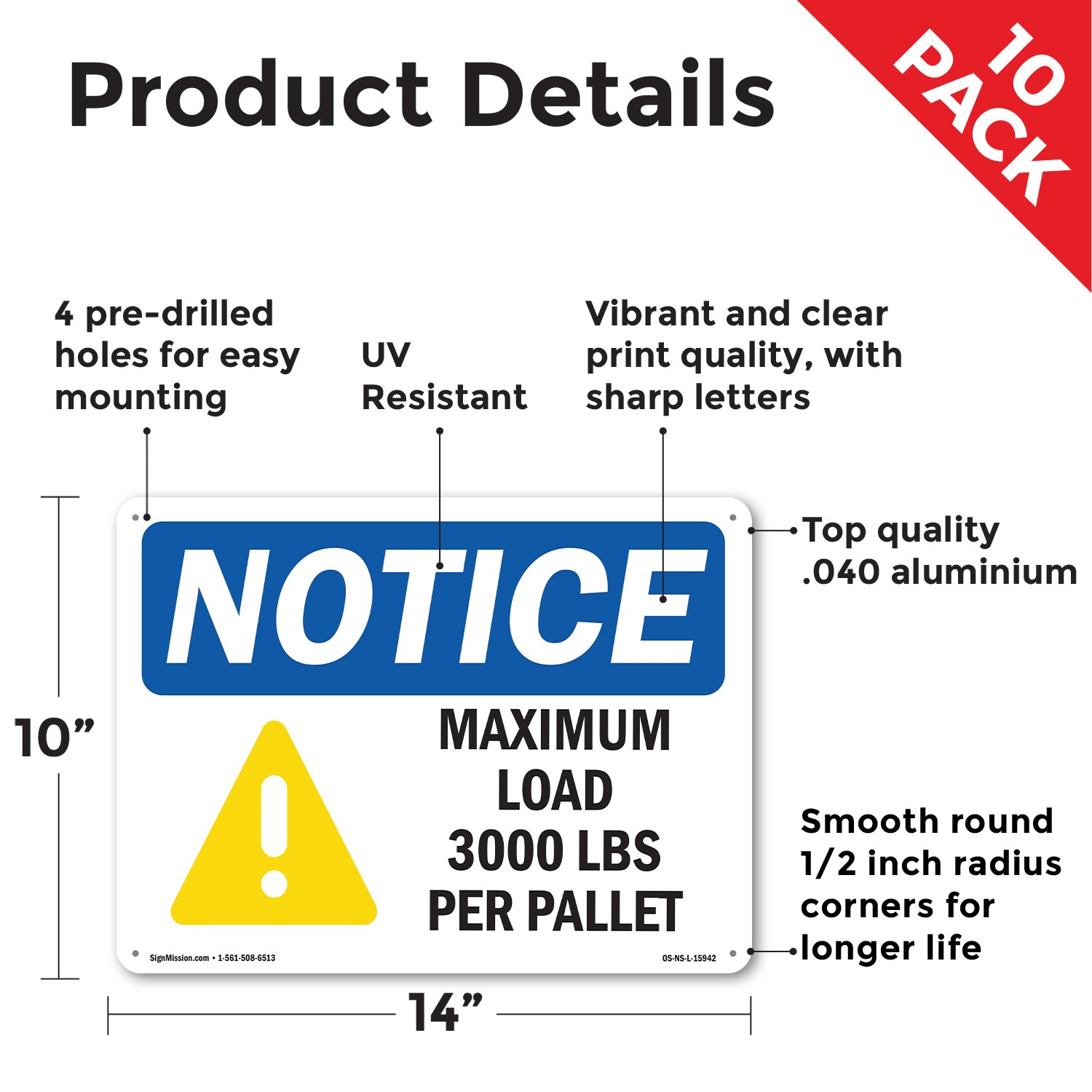 Maximum Load 3000 Lbs OSHA Notice Sign Metal, Plastic, Or Decal – 5 or 10 Pack