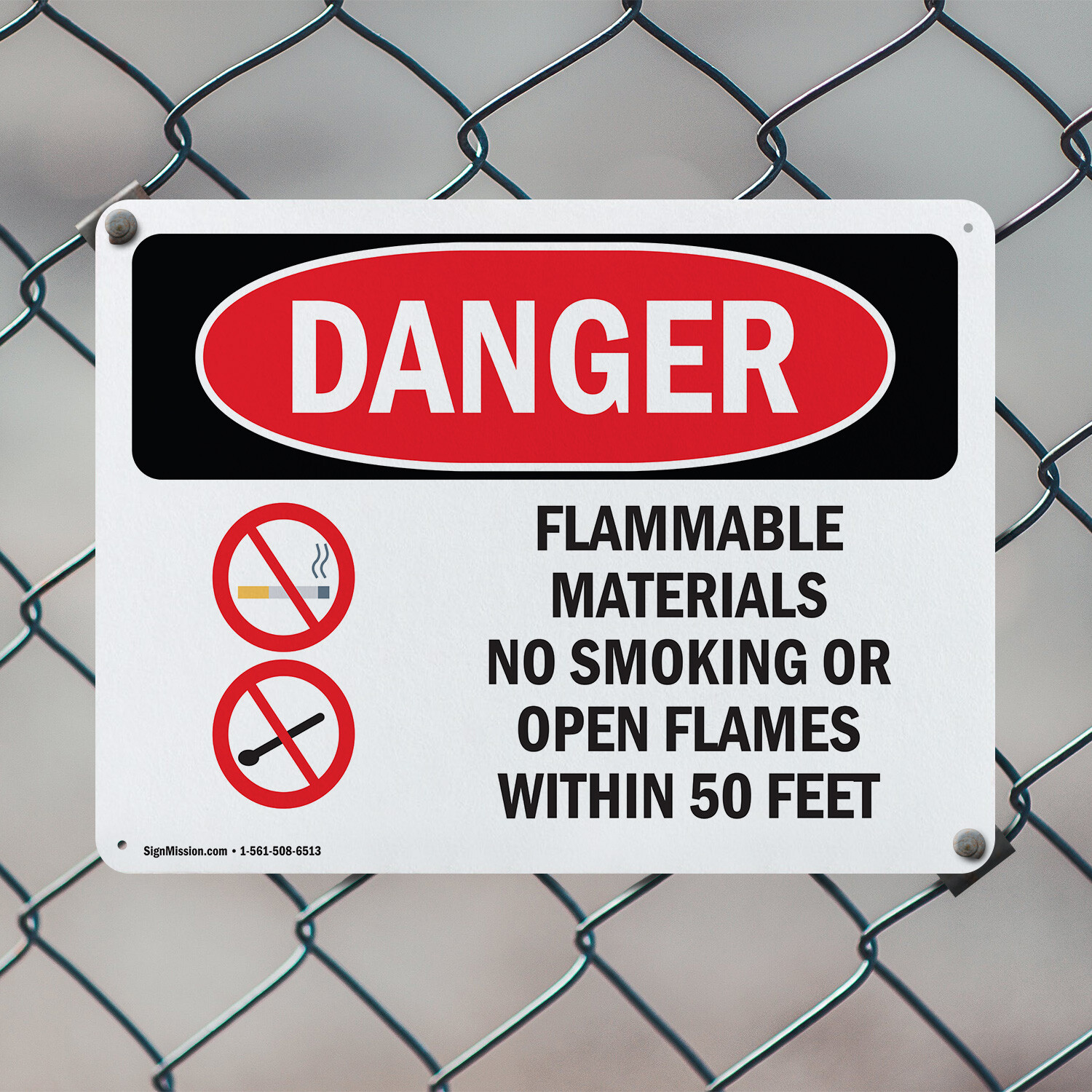(2 Pack) Flammable Materials No Smoking 50 Feet OSHA Danger Sign Decal Metal