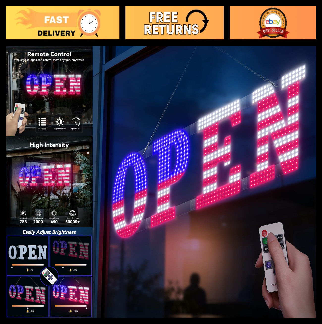 40&Prime; x 14&Prime; LED OPEN Sign with Remote, Dimmable Brightness, Flash Modes for Storef