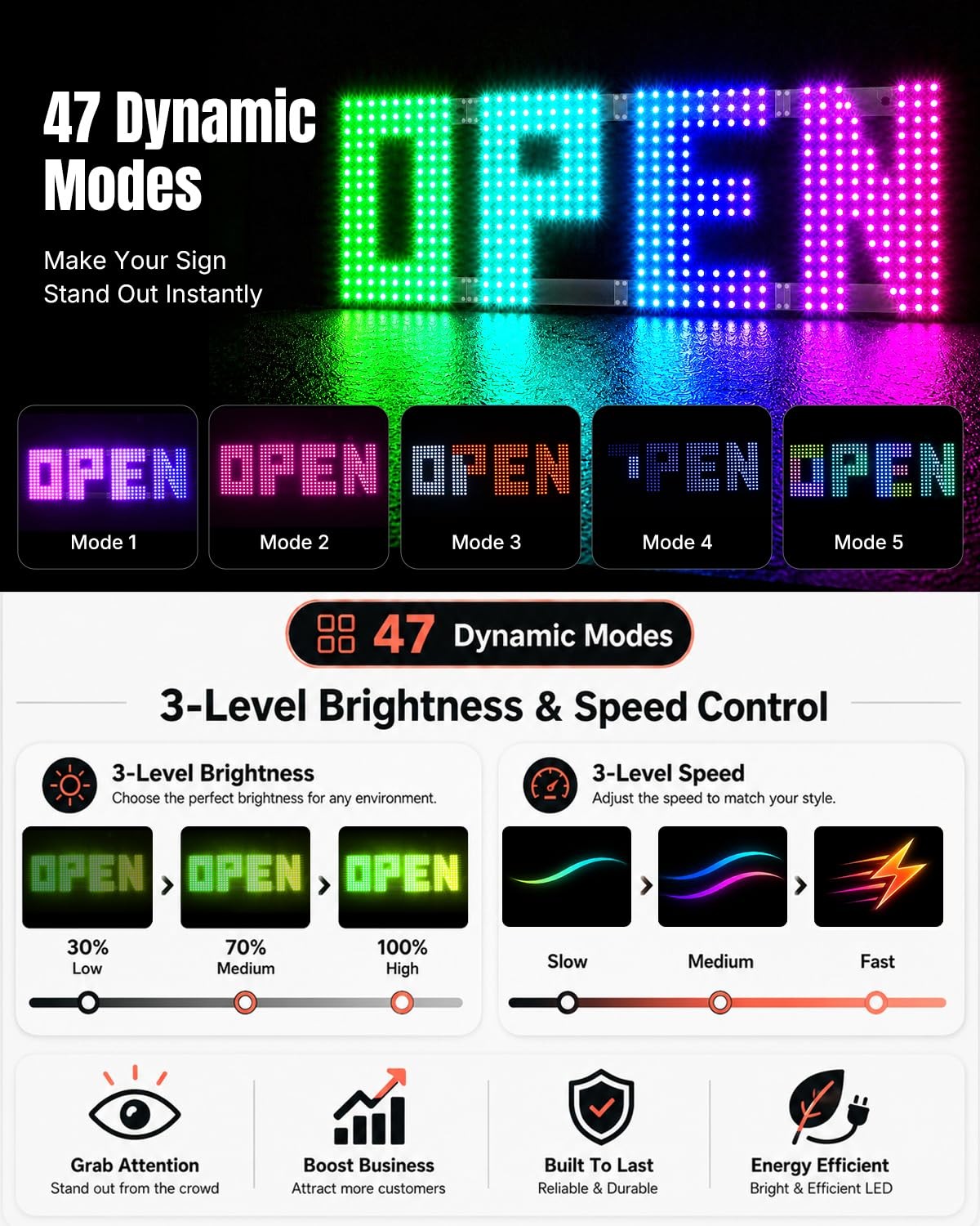 Large 43&Prime; x 14&Prime; RGB LED Open Sign for Business with App & Remote Control