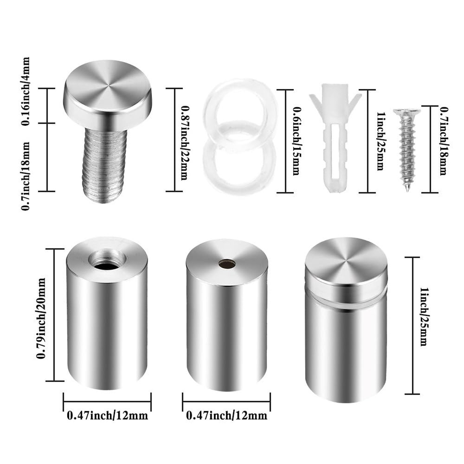 Standoff Screws & Mounts for Acrylic Signs – Metal Standoffs (0.5×1 in)