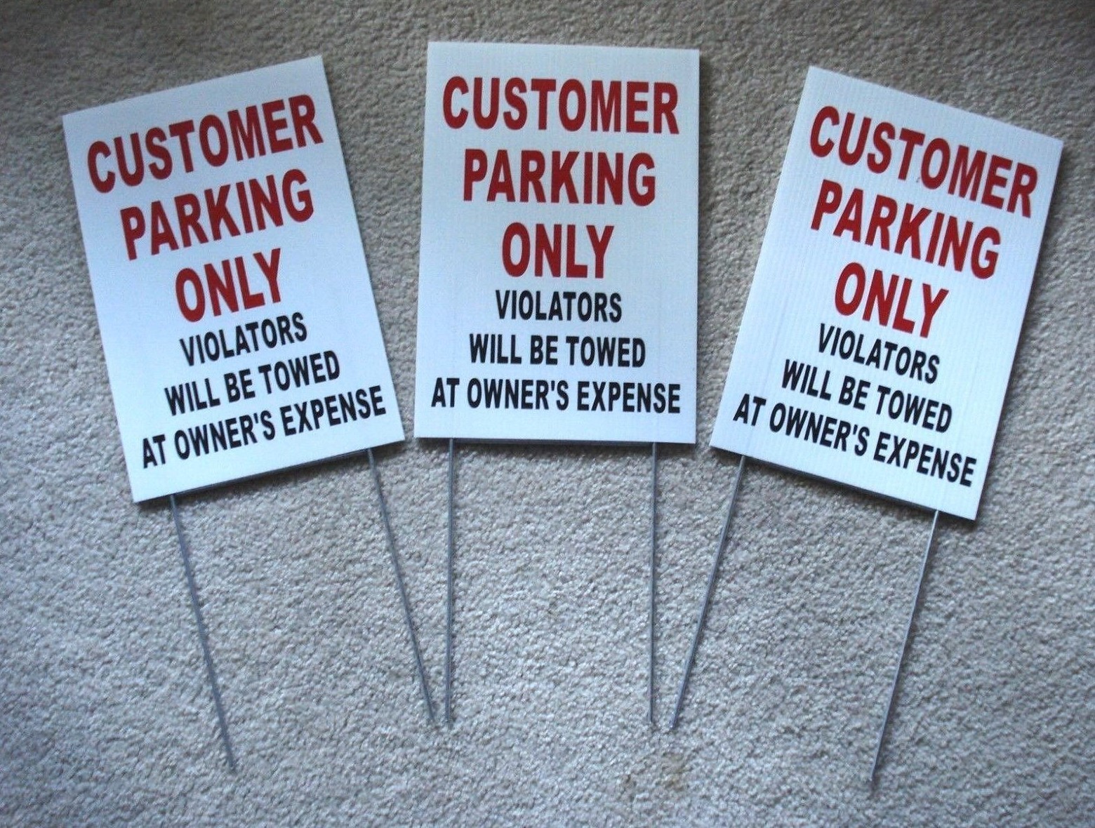 (3) CUSTOMER PARKING ONLY 8&Prime;x12&Prime; Plastic Coroplast Signs w/ Slide-in-Stakes