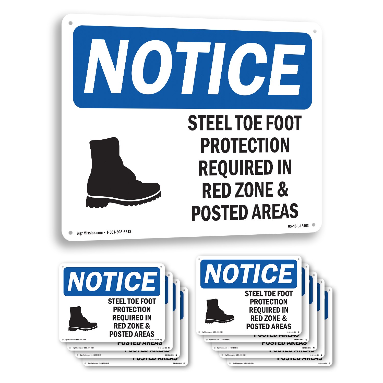 Steel Toe Foot Protection Required OSHA Notice Sign Metal, Decal – 5 or 10 Pack