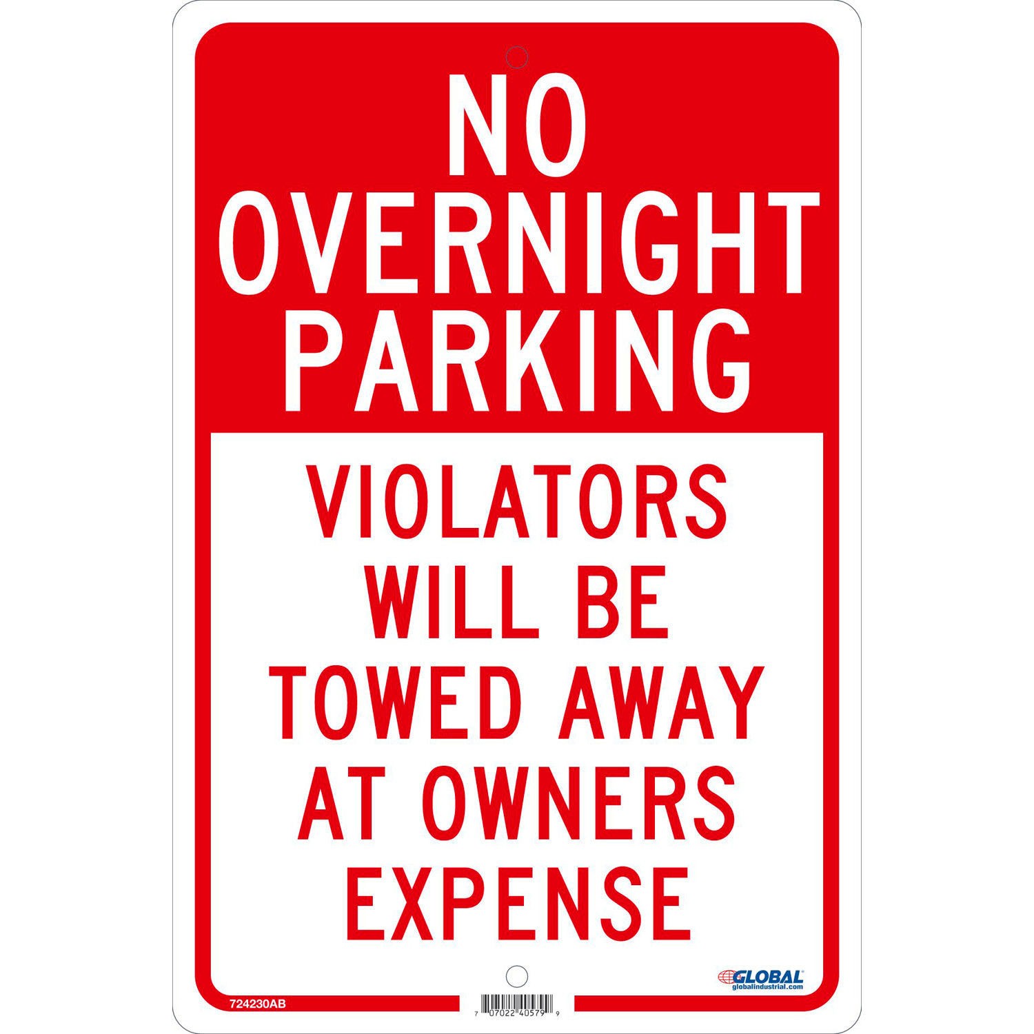 Global Industrial No Overnight Parking Violators Will Be Towed 18×12 .063