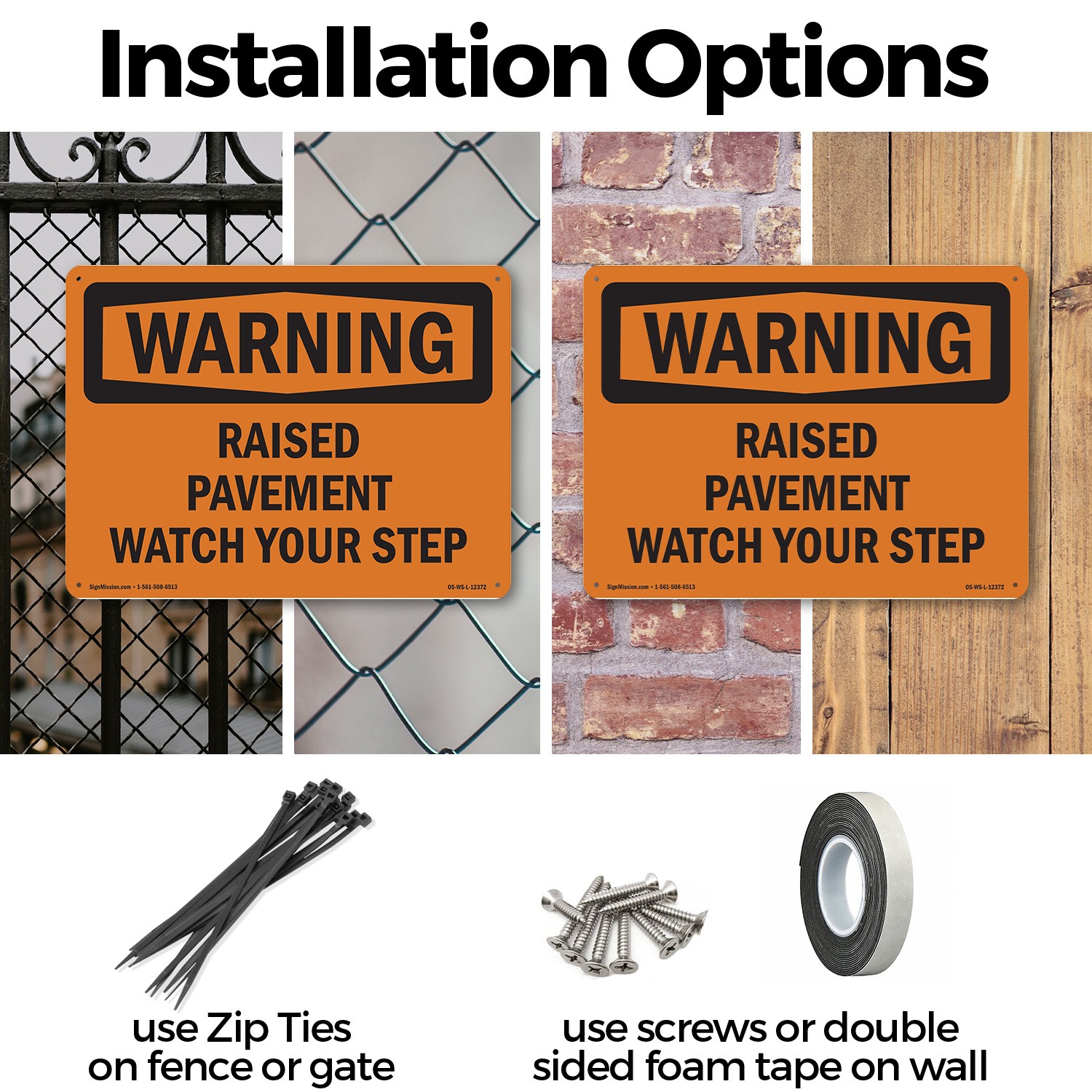 Raised Pavement Watch Your Step OSHA WARNING Sign Metal, Decal – 5 or 10 Pack