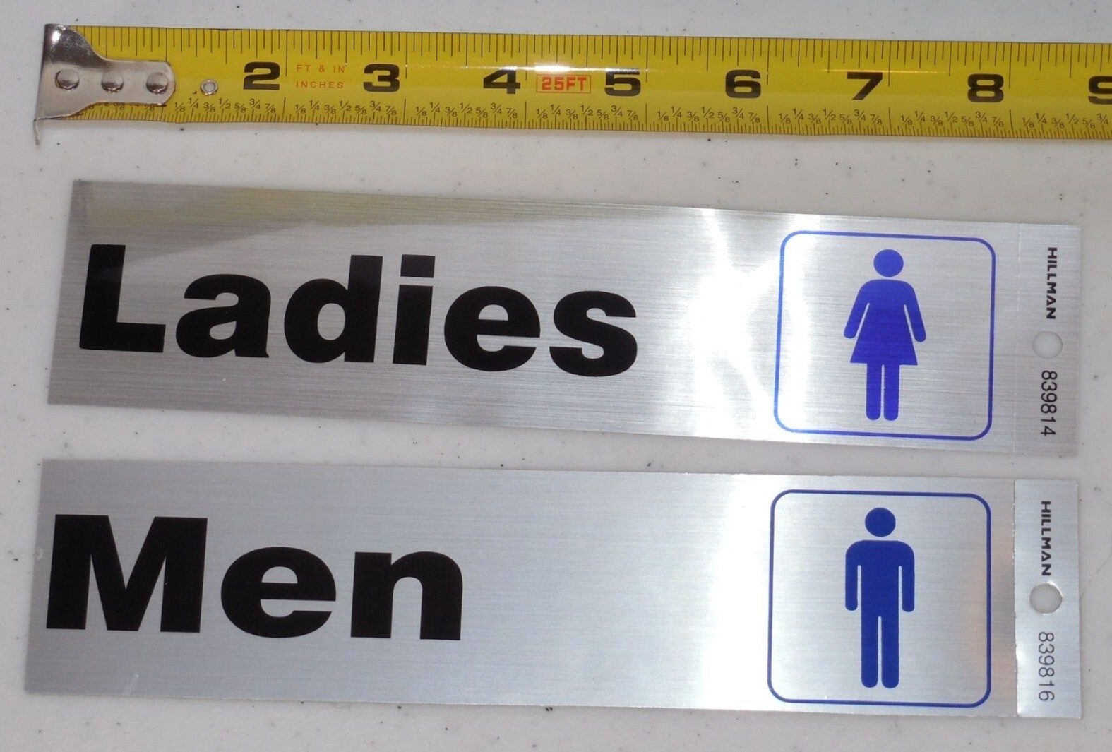 Ladies & Men Restroom Signs Aluminum Stick On Durable 2&Prime; X 8&Prime; Hillman Sign