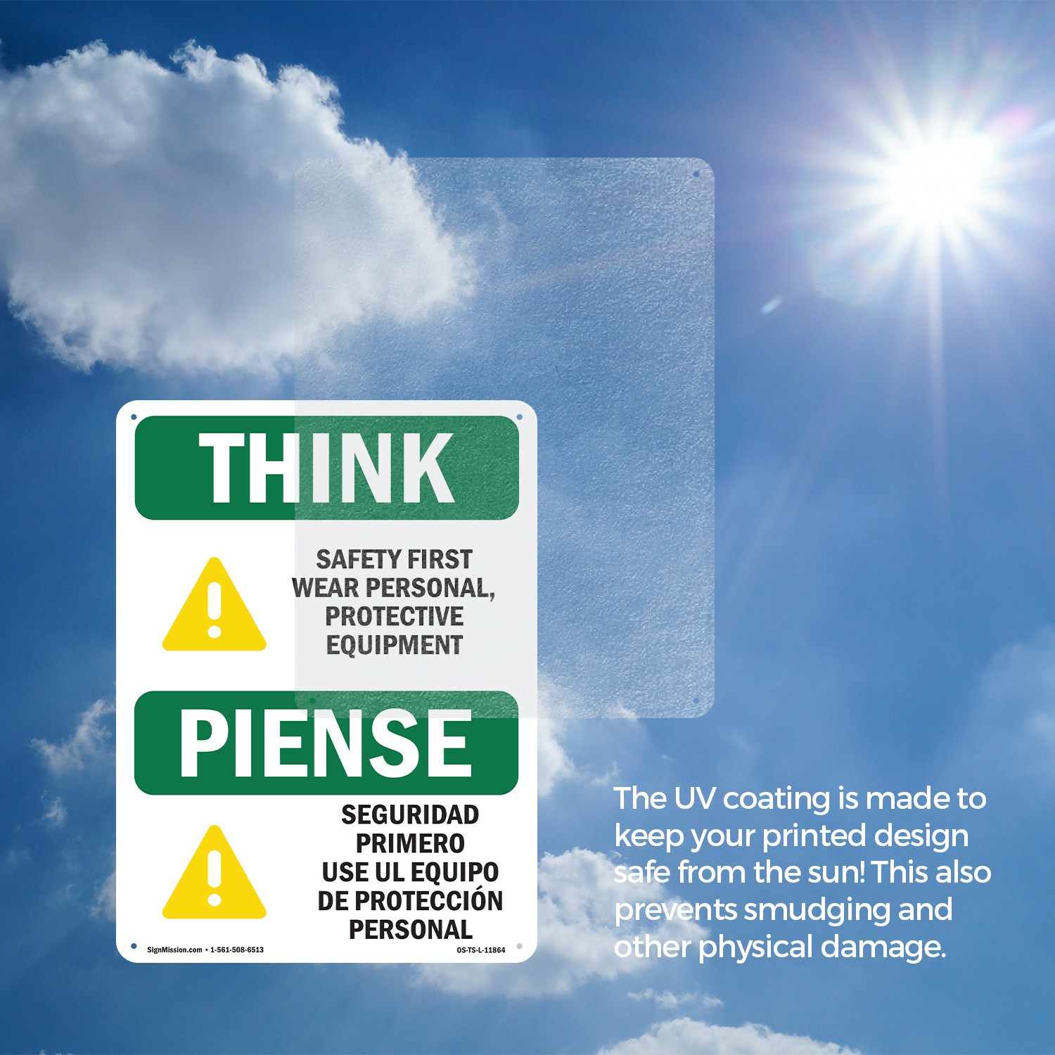Wear PPE Symbol Bilingual OSHA Think Sign Metal, Plastic, Decal – 5 or 10 Pack