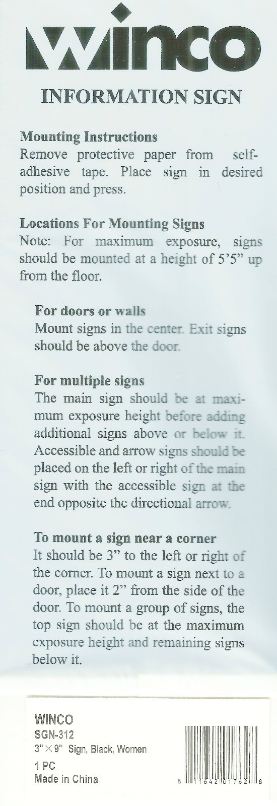WOMEN SIGN Acrylic 3&Prime; x 9&Prime; Self Adhesive Door Wall rest bath room WINCO SGN-312