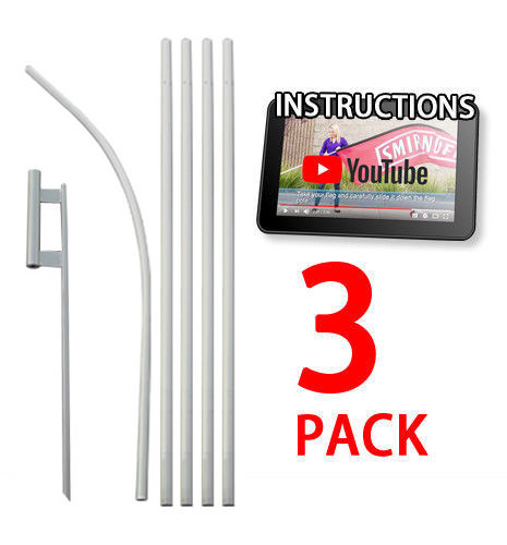 3 PACK – Feather Flutter Swooper Flag 16&prime; POLE + SPIKE Ground Stake Mount KIT