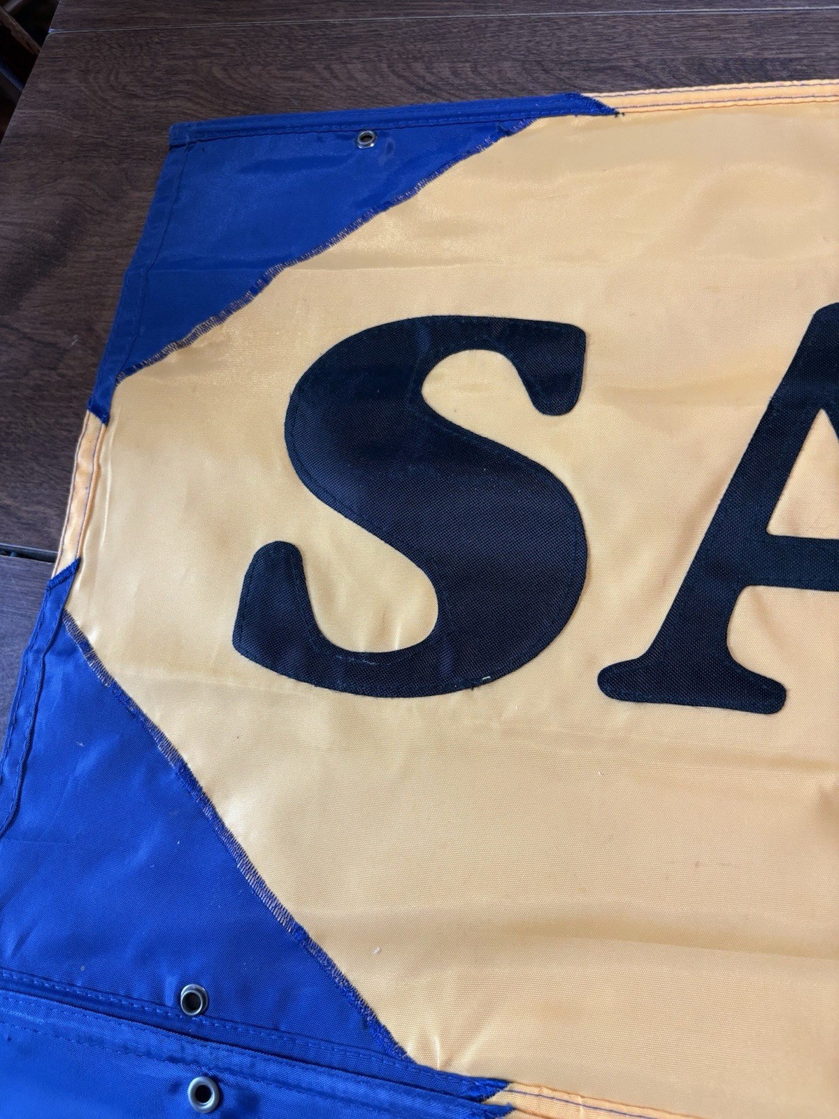 SALE Two Sided Grommets Sewn Letter Nylon Retail Banner Yellow Blue & Black (2)