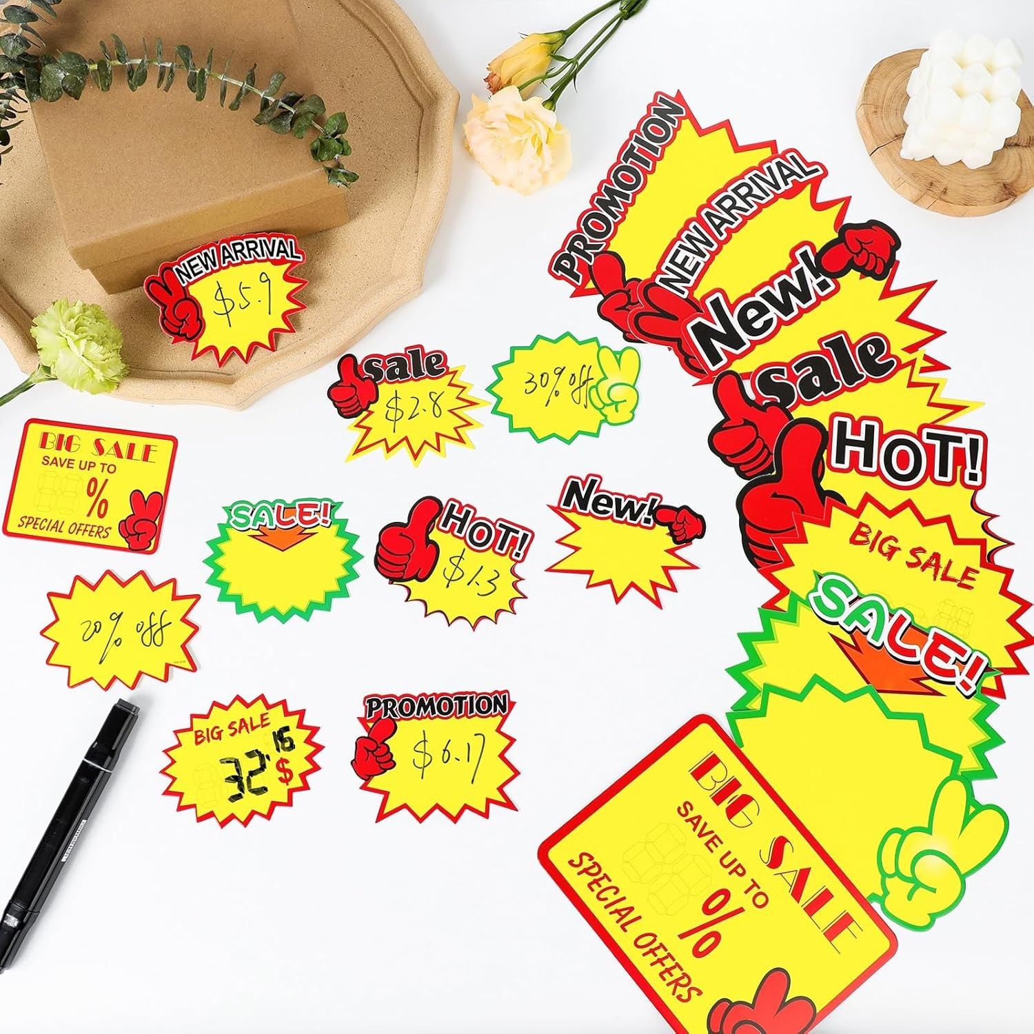Durable Yellow Starburst Sale Signs 200pcs | Rectangle Labels for Retail Stores