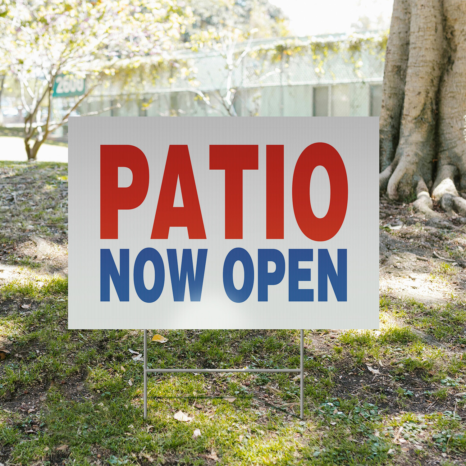 Patio Now Open Yard Sign Restaurant Promotions, Outdoor Dining, Clear Messaging