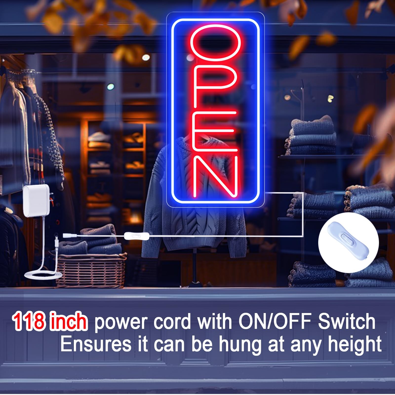 22&Prime; X 11&Prime; Led Neon Open Signs 22 Inch with 12V AC Adapter, Blue/Red-Vertical