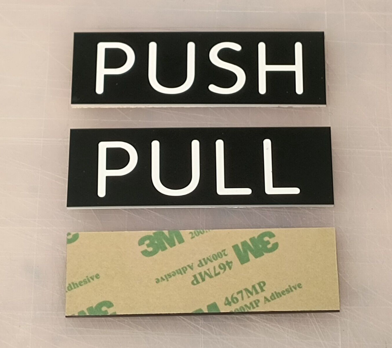 pair – Engraved PUSH and PULL Black 1×3 inch Glass or Steel Door Signs plaques
