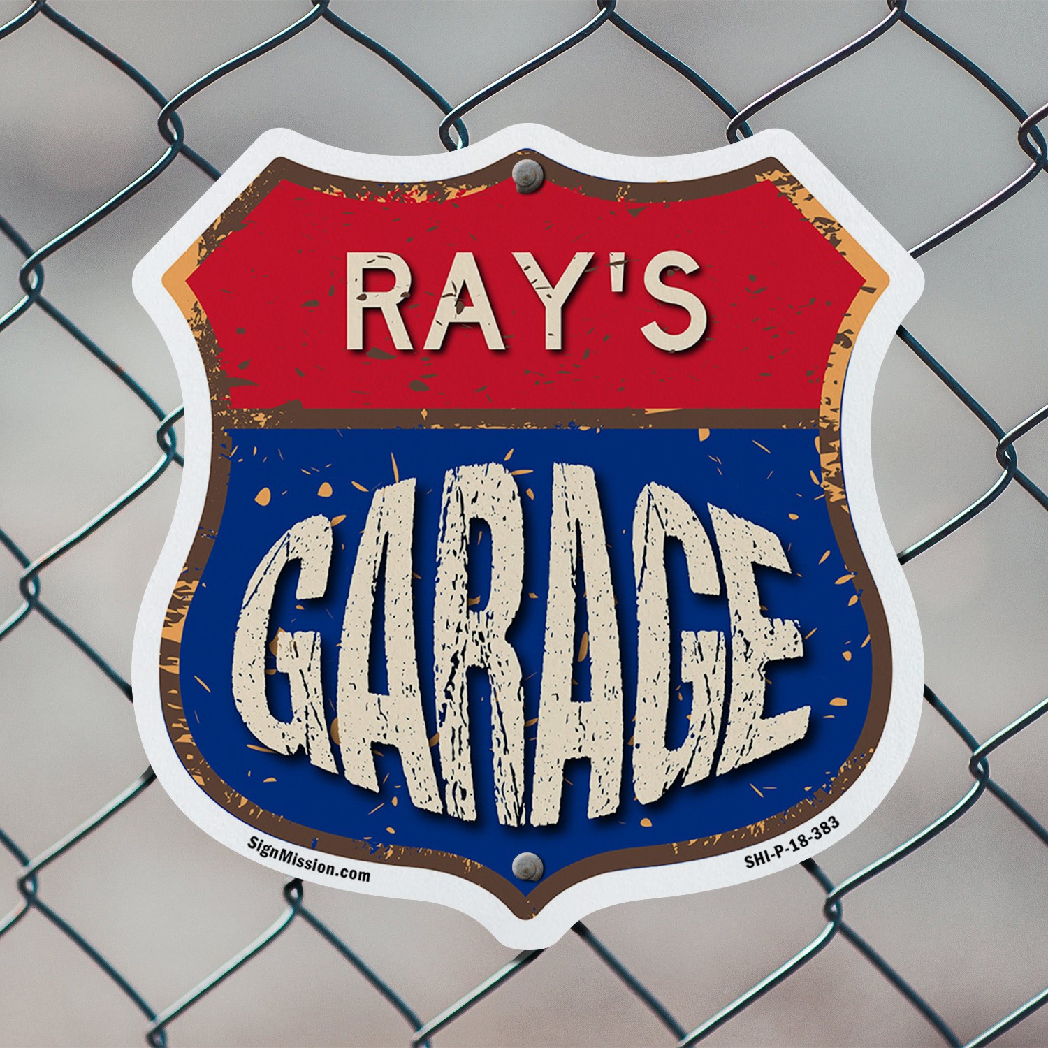 Ray&rsquo;s Garage Shield Shaped Sign Weather Resistant Crafted in the USA