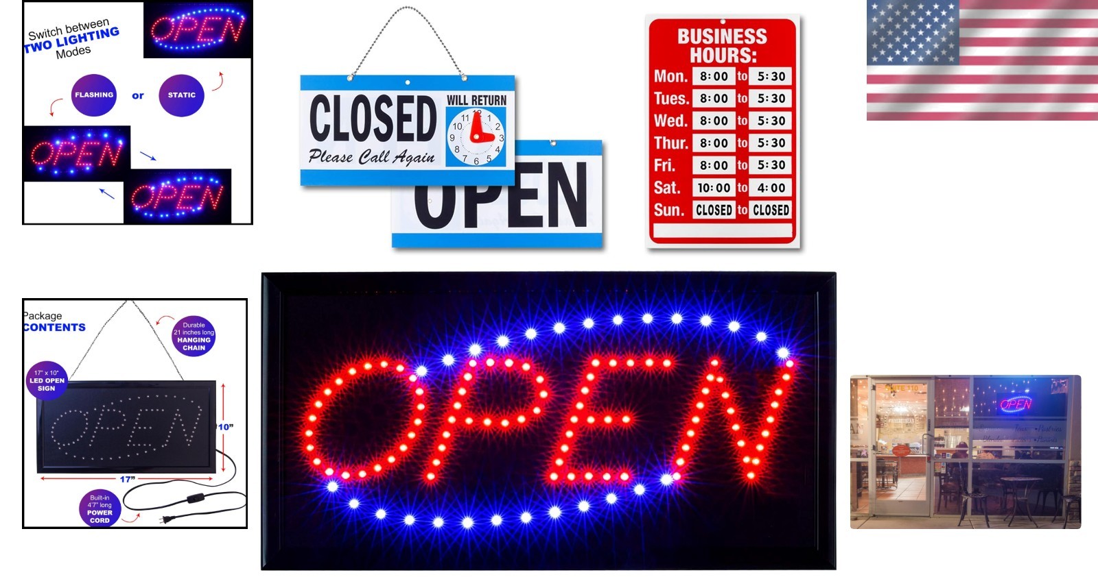 Modern LED Open & Closed Sign Set with Business Hours – Easy Wall Mount Design