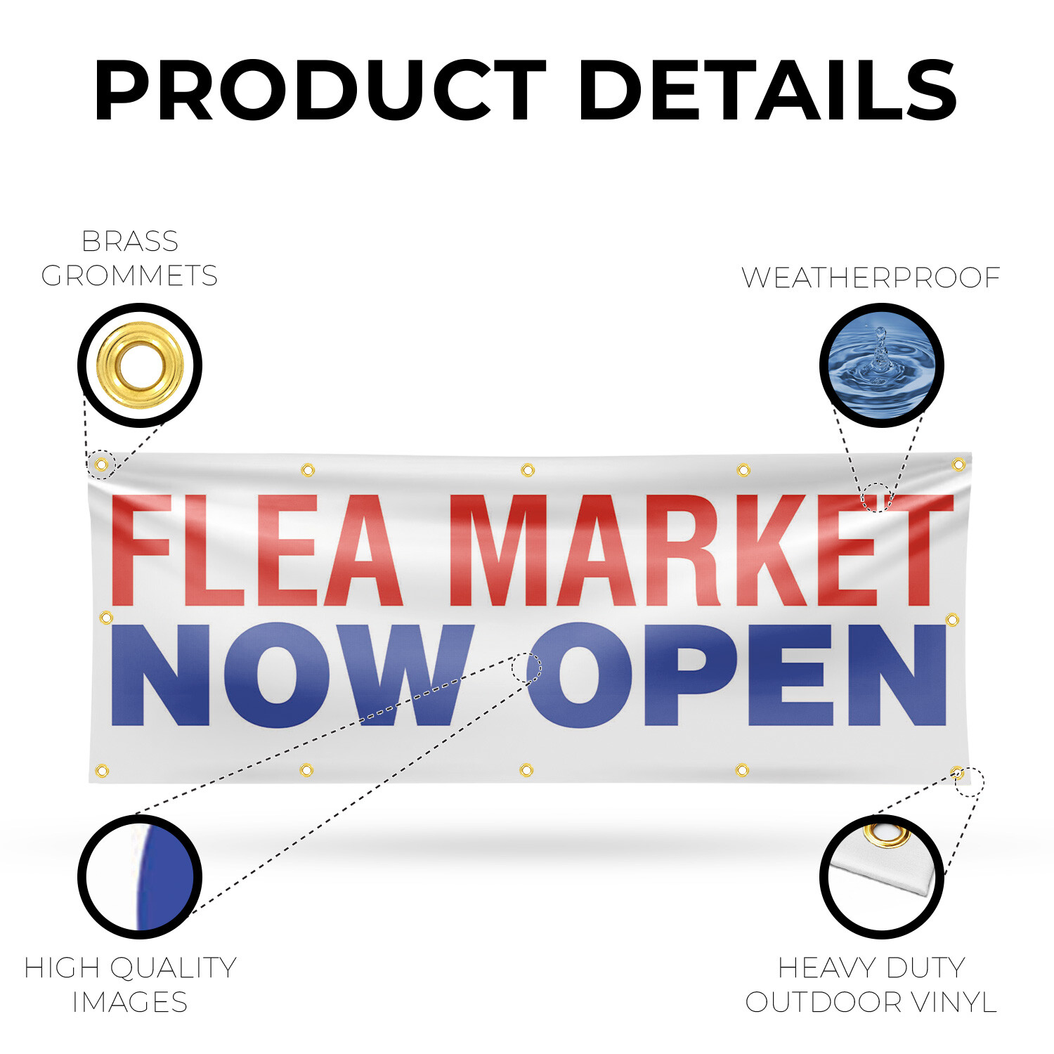 Flea Market Now Open Vinyl Banner Sign with Metal Grommets Heavy-Duty